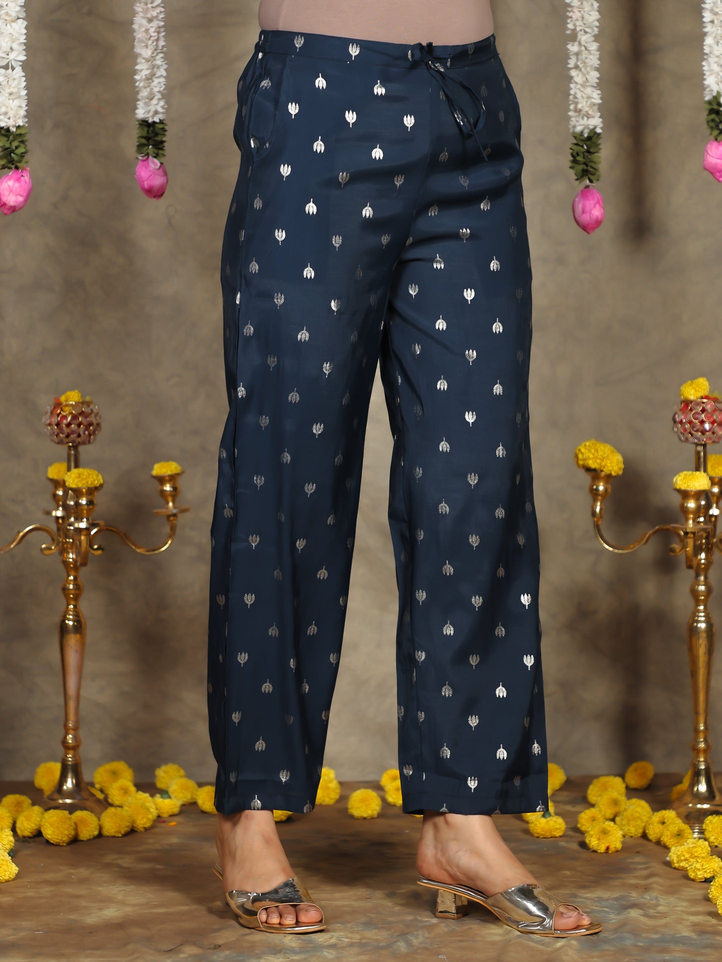 Chanderi Gold foil Anarkali Blue Kurta