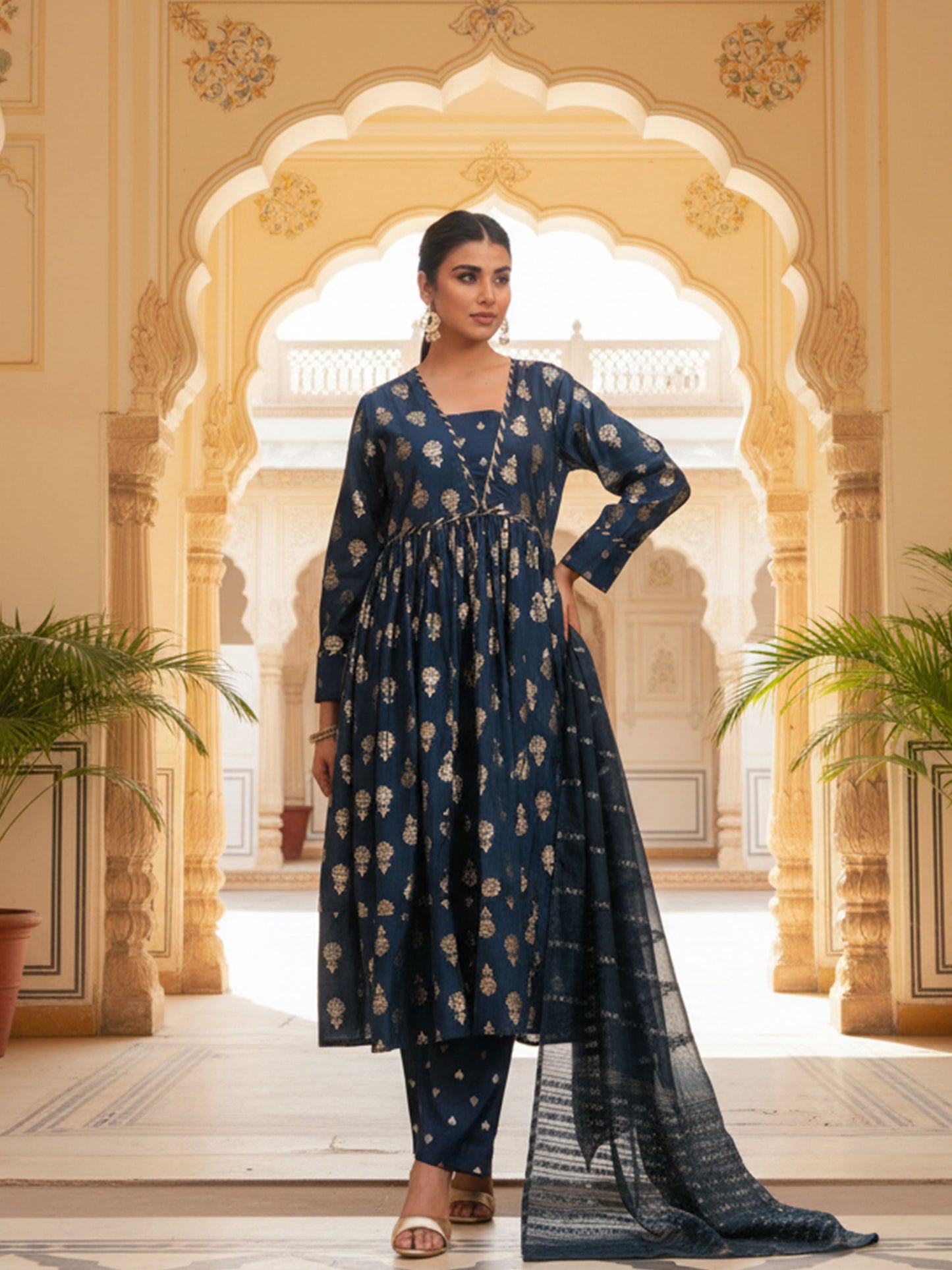 Chanderi Gold foil Anarkali Blue Kurta
