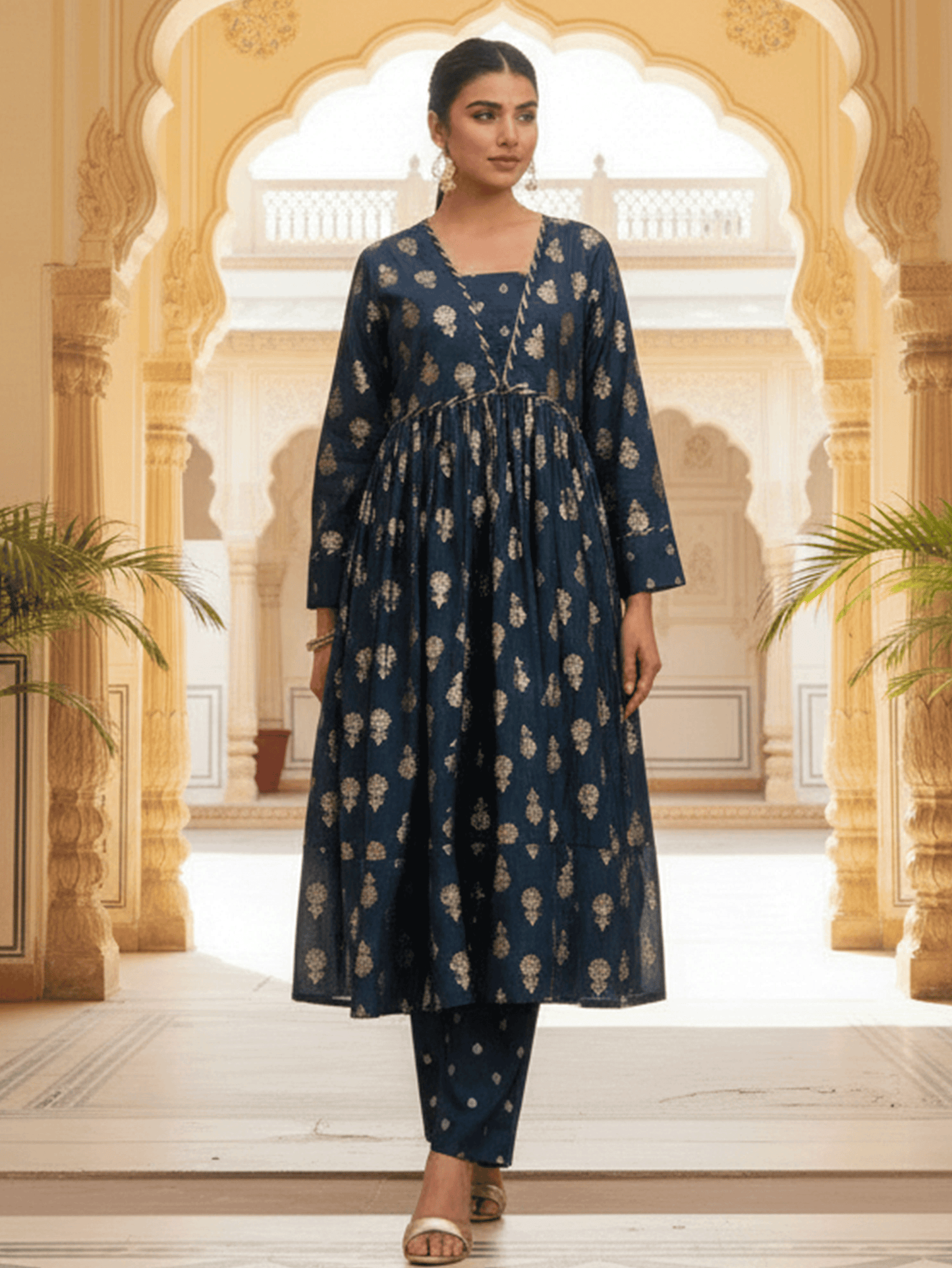 Chanderi Gold foil Anarkali Blue Kurta