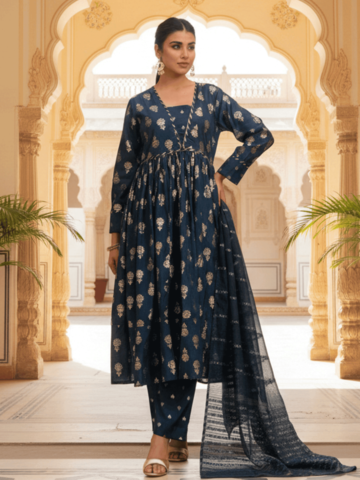 Roman Silk Gold foil Anarkali Blue Kurta
