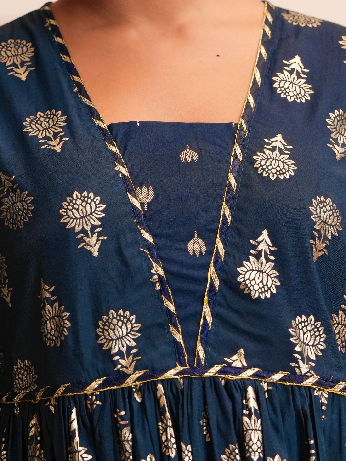 Chanderi Gold foil Anarkali Blue Kurta