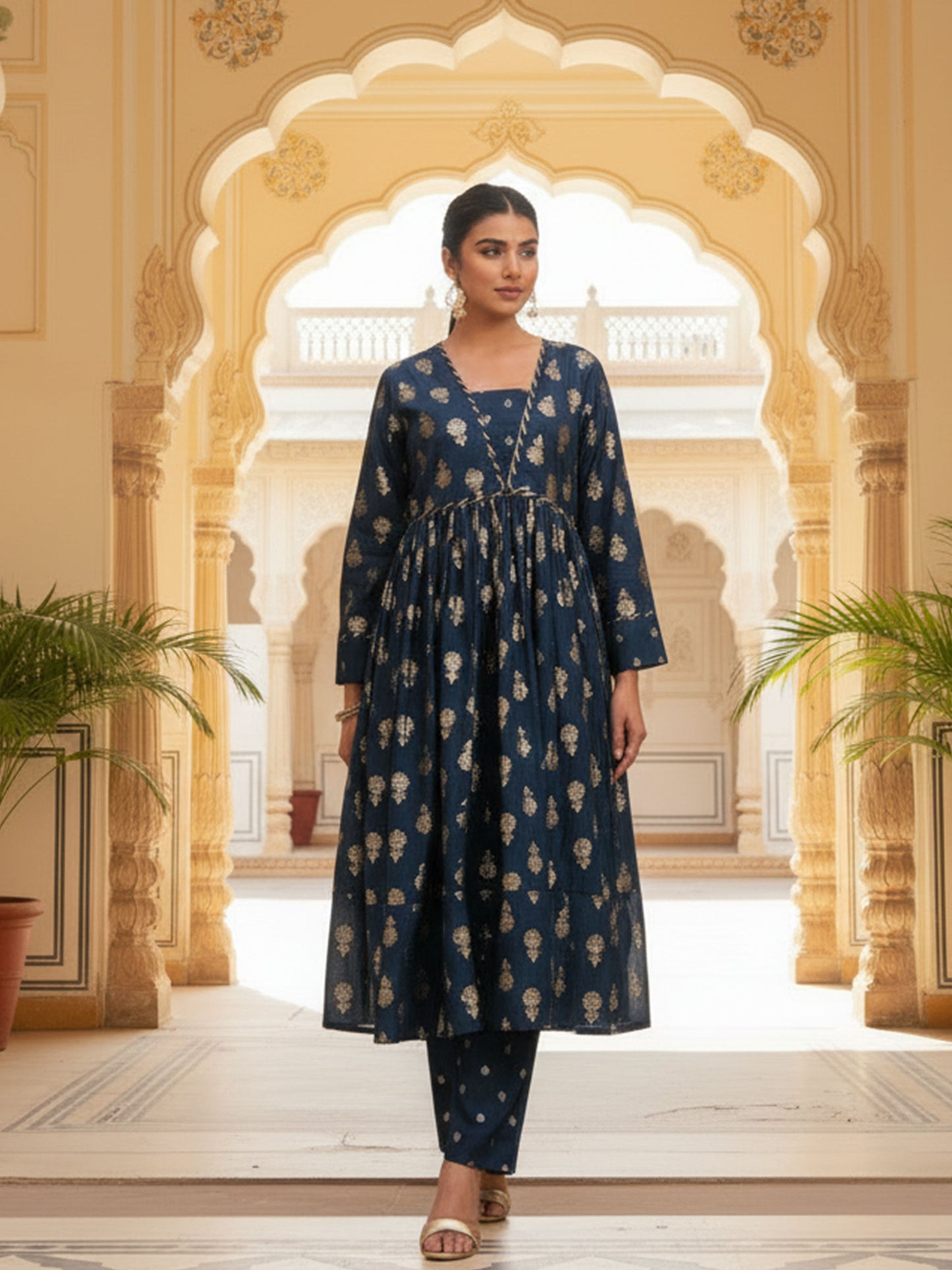 Chanderi Gold foil Anarkali Blue Kurta