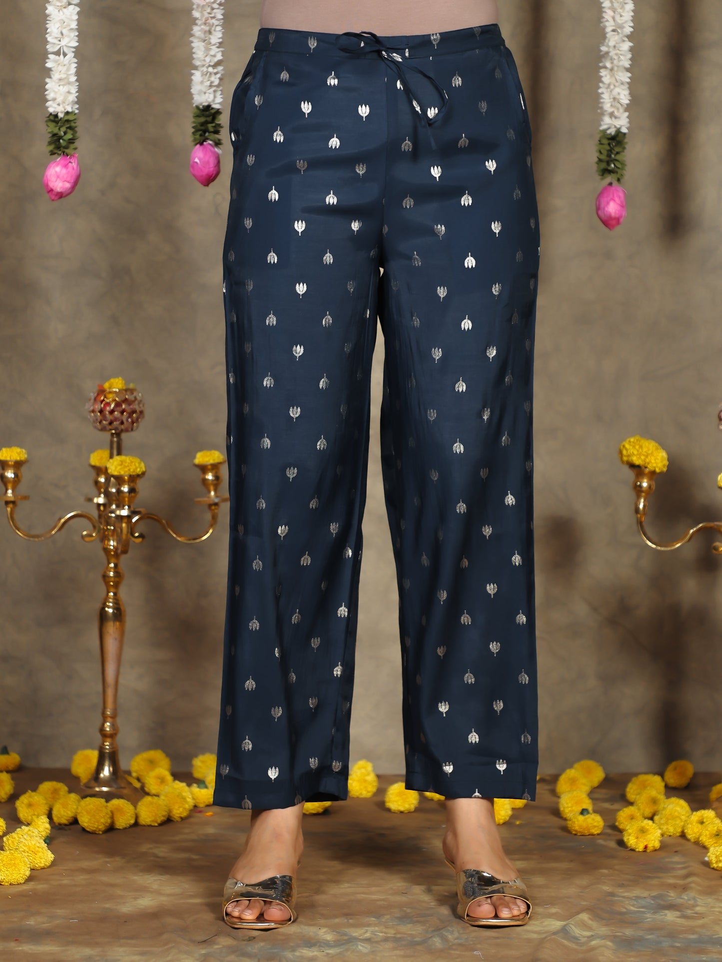 Roman Silk Gold foil Anarkali Blue Kurta