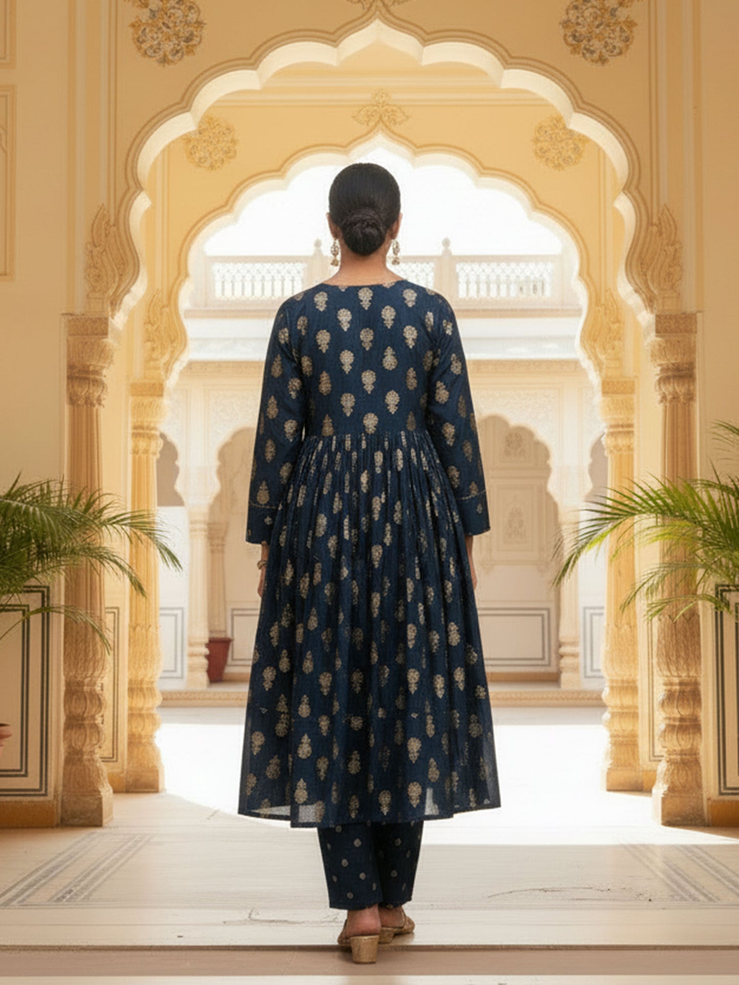 Chanderi Gold foil Anarkali Blue Kurta