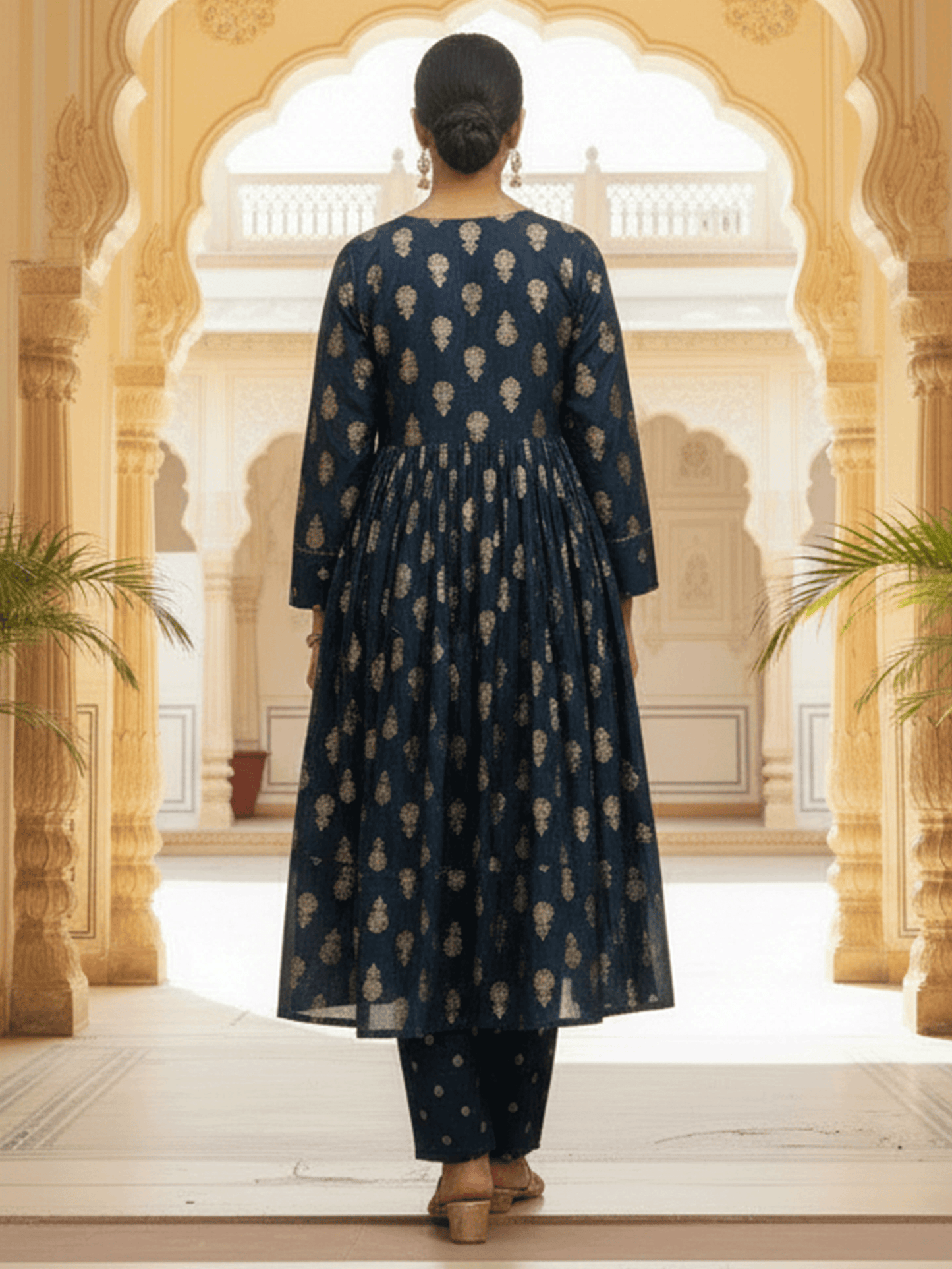 Roman Silk Gold foil Anarkali Blue Kurta