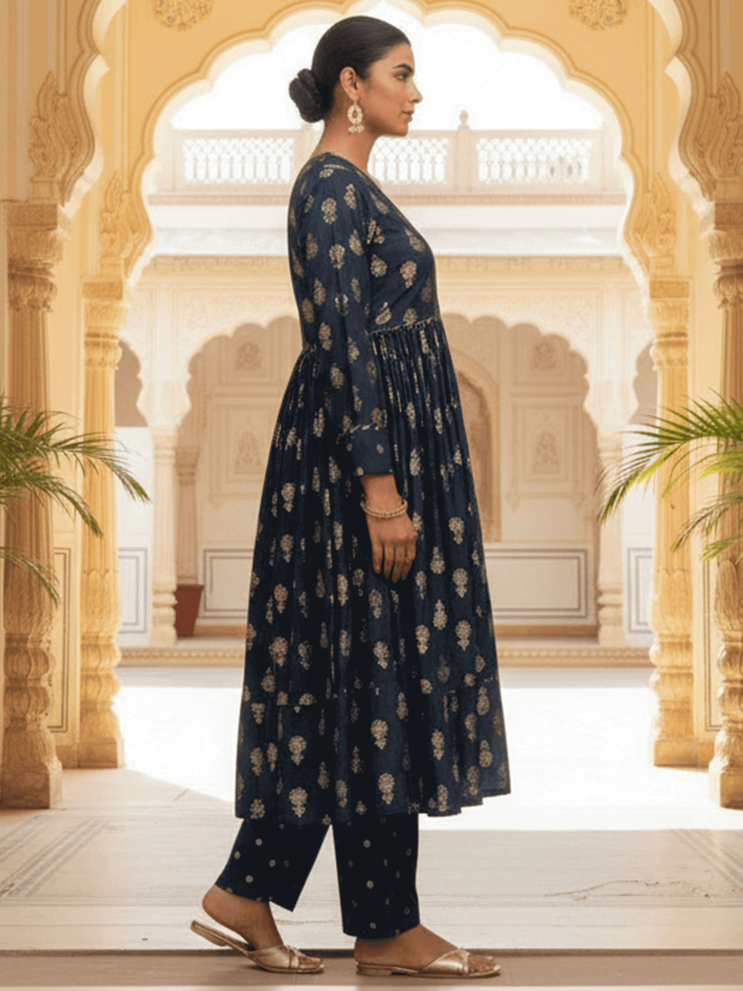 Chanderi Gold foil Anarkali Blue Kurta