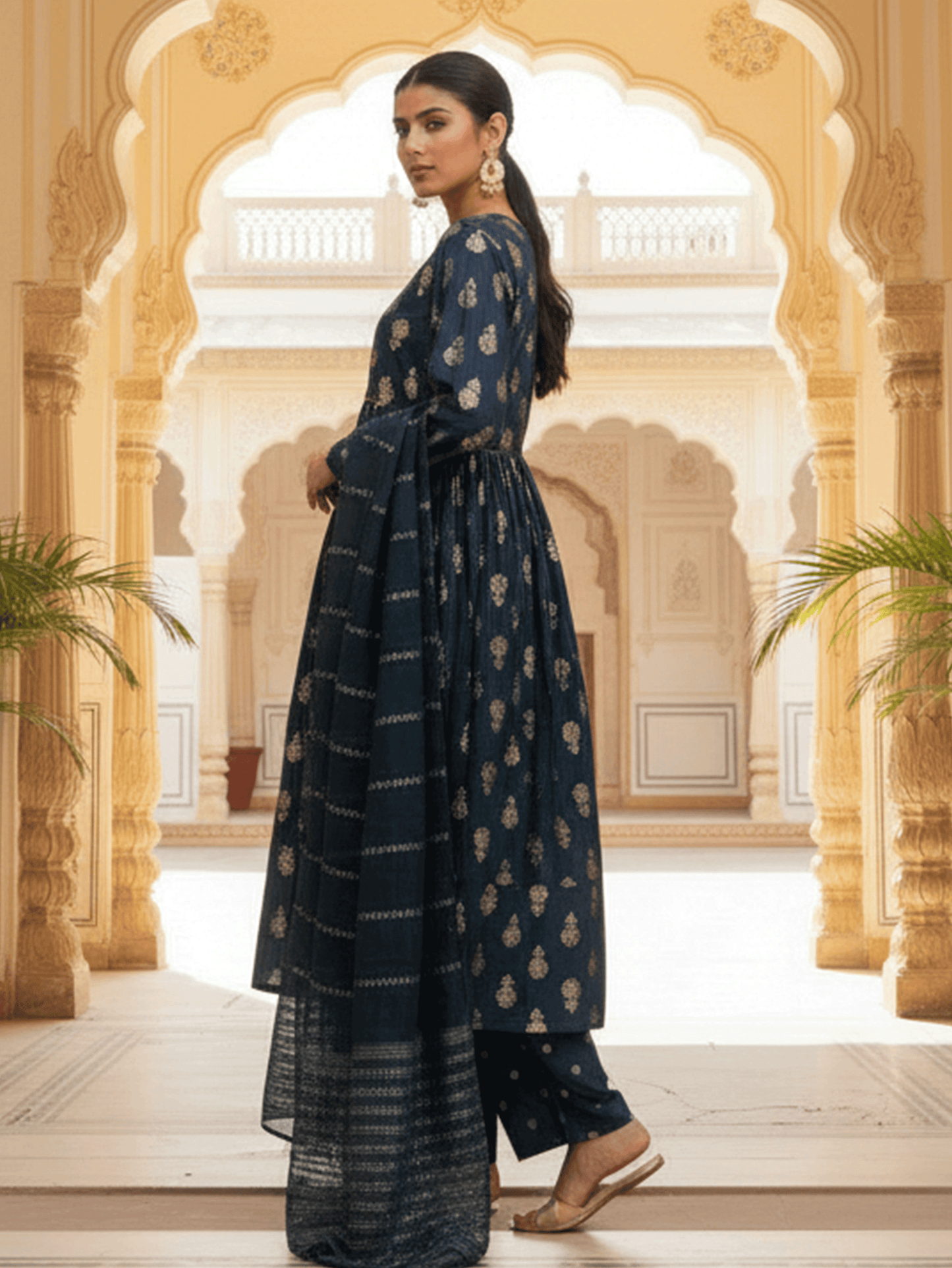 Chanderi Gold foil Anarkali Blue Kurta
