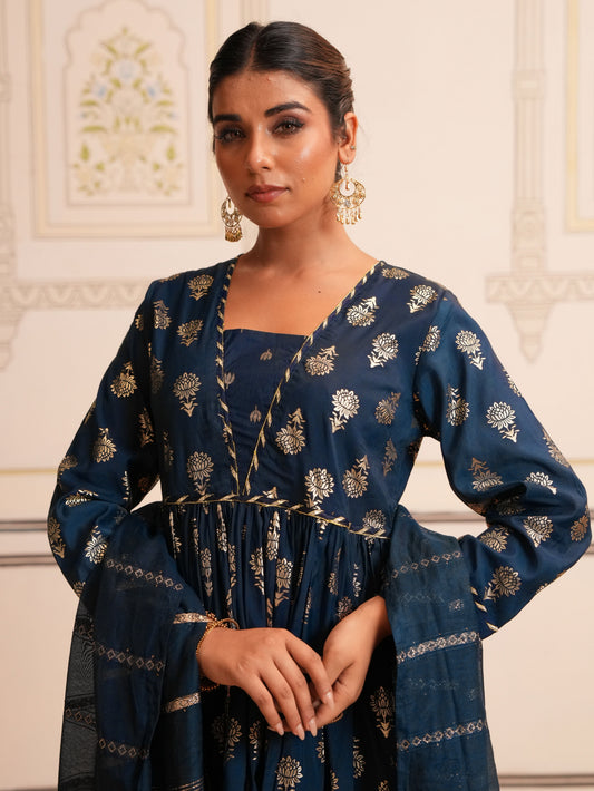 Roman Silk Gold foil Anarkali Blue Kurta
