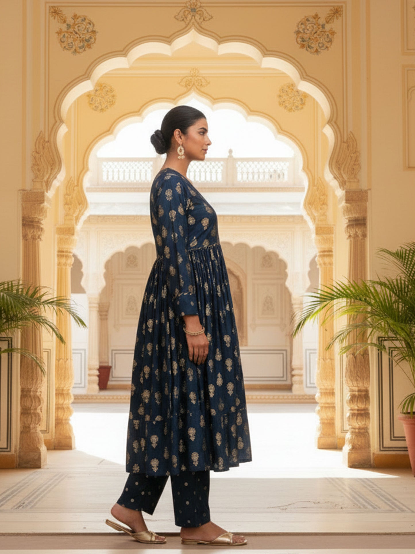Chanderi Gold foil Anarkali Blue Kurta