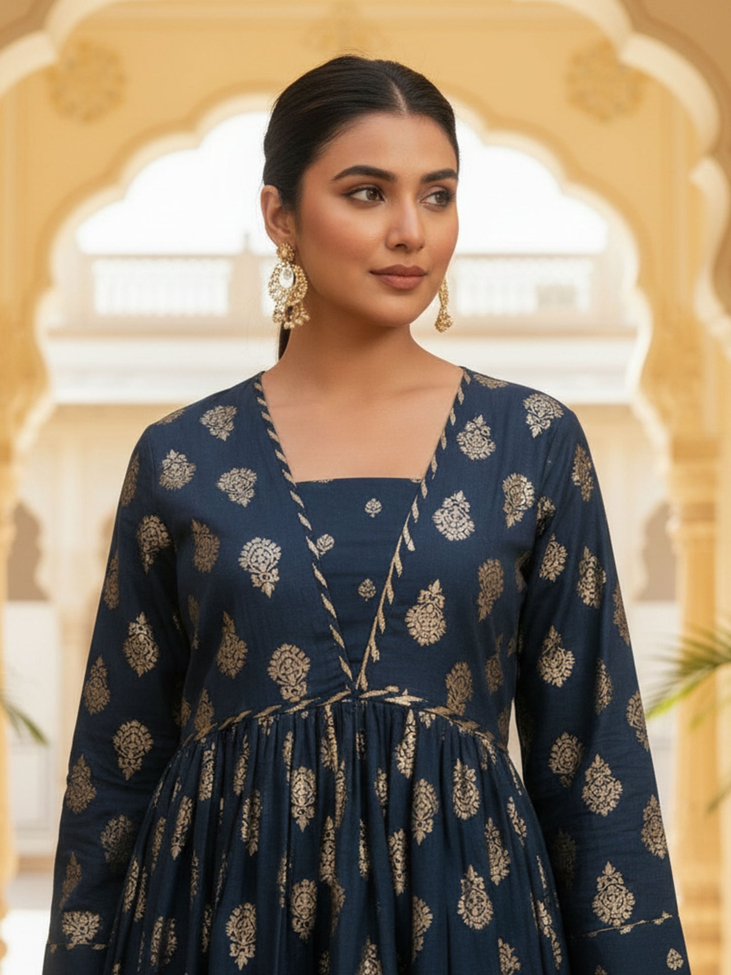 Chanderi Gold foil Anarkali Blue Kurta