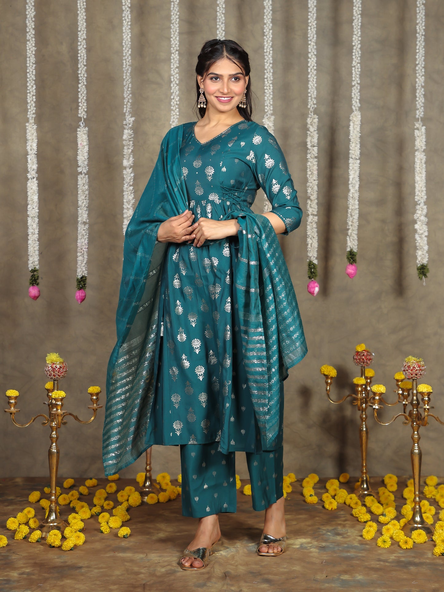 Embroidered Roman silk Gold foil Flared Teal Kurta