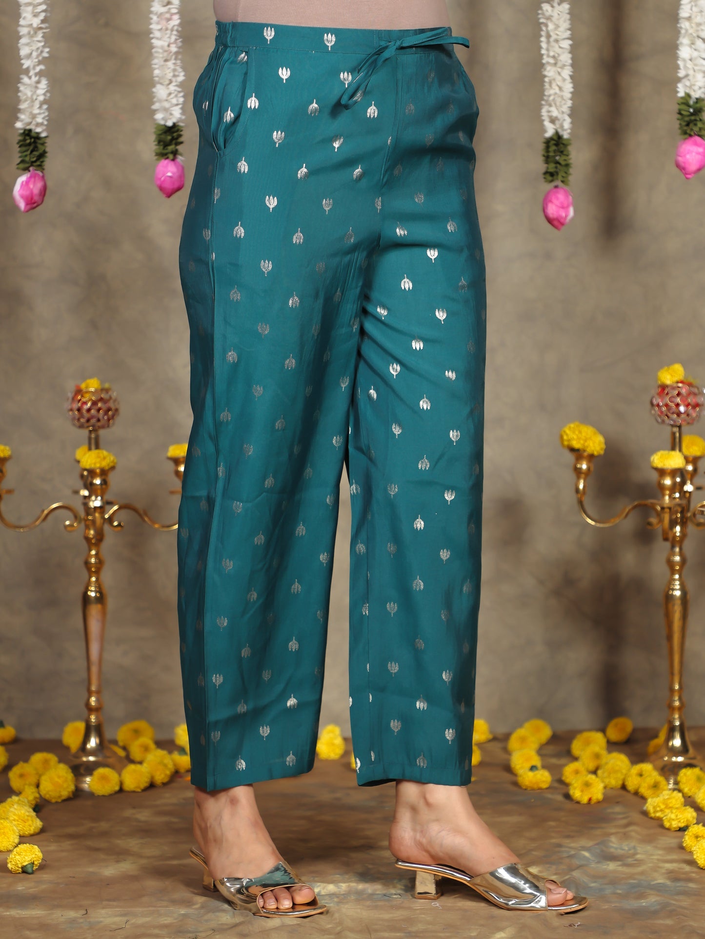 Embroidered Roman silk Gold foil Flared Teal Kurta