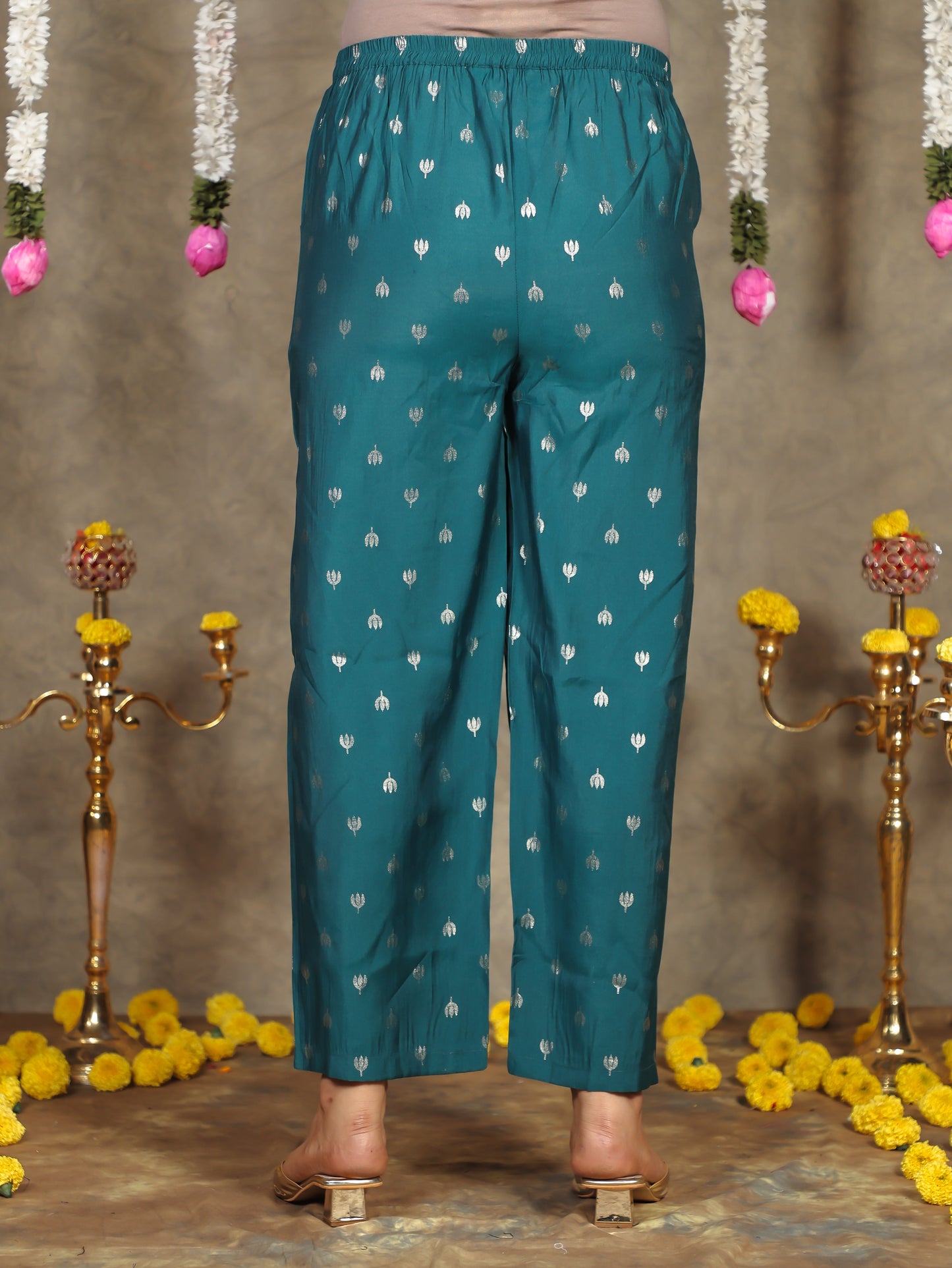 Embroidered Roman silk Gold foil Flared Teal Kurta