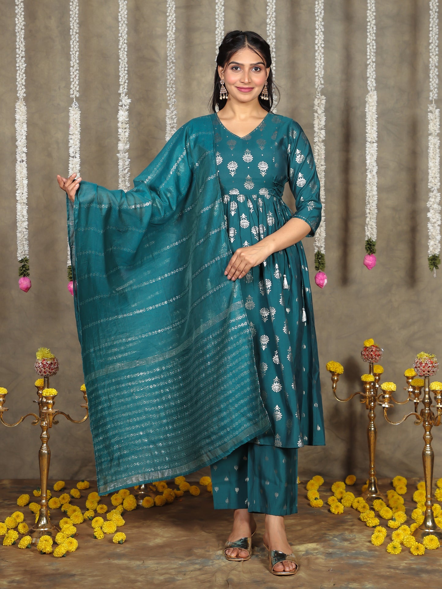 Embroidered Roman silk Gold foil Flared Teal Kurta