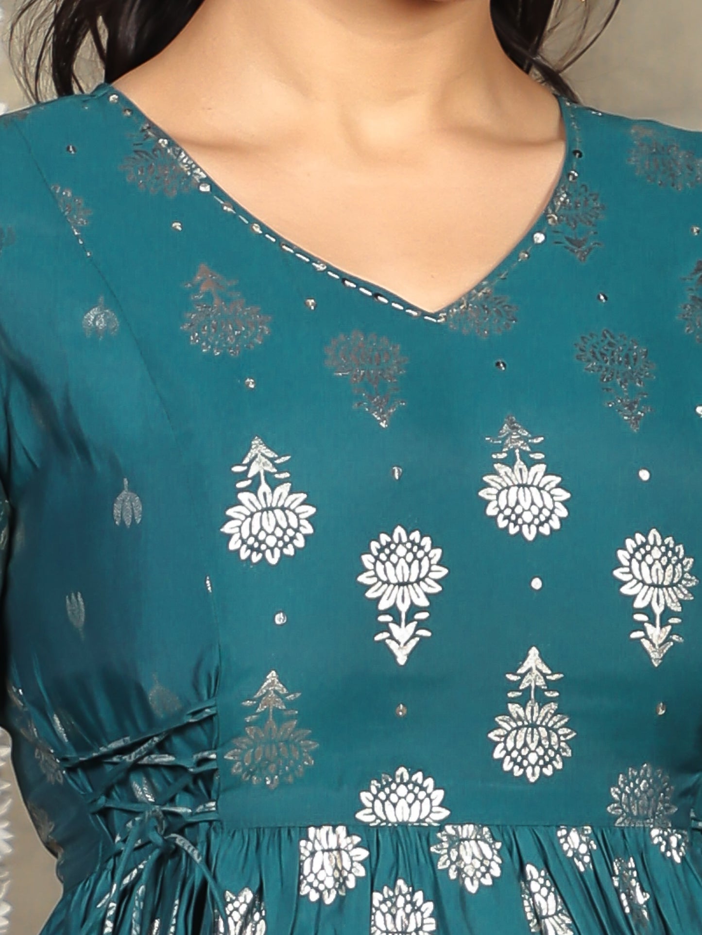 Embroidered Roman silk Gold foil Flared Teal Kurta