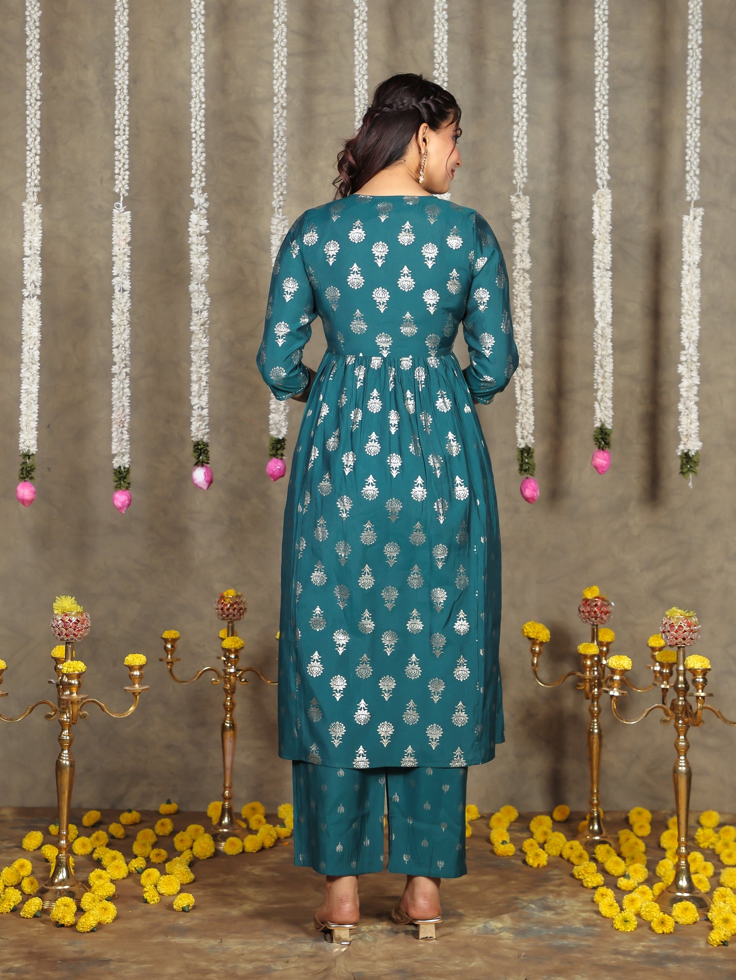 Embroidered Roman silk Gold foil Flared Teal Kurta