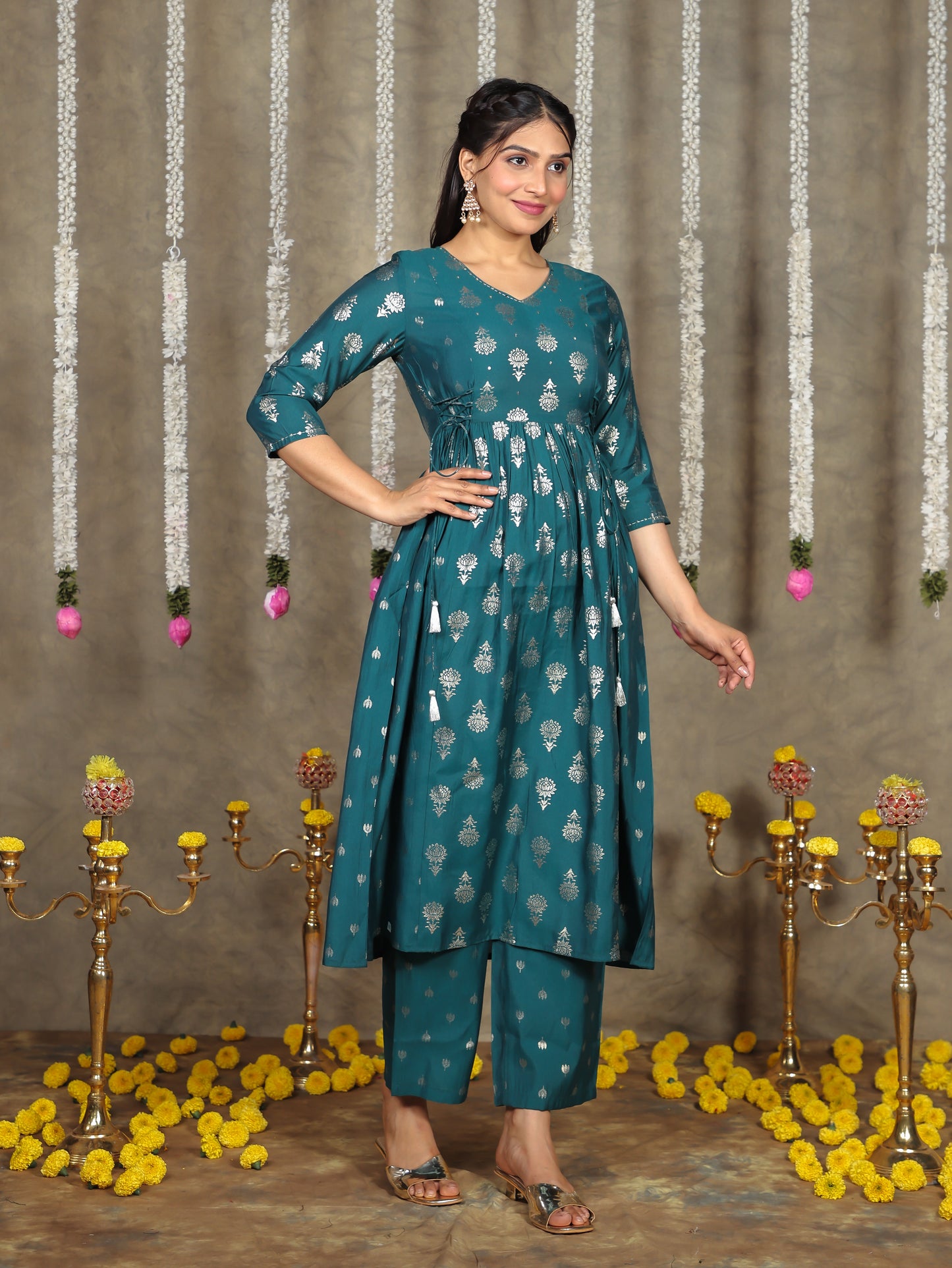 Embroidered Roman silk Gold foil Flared Teal Kurta
