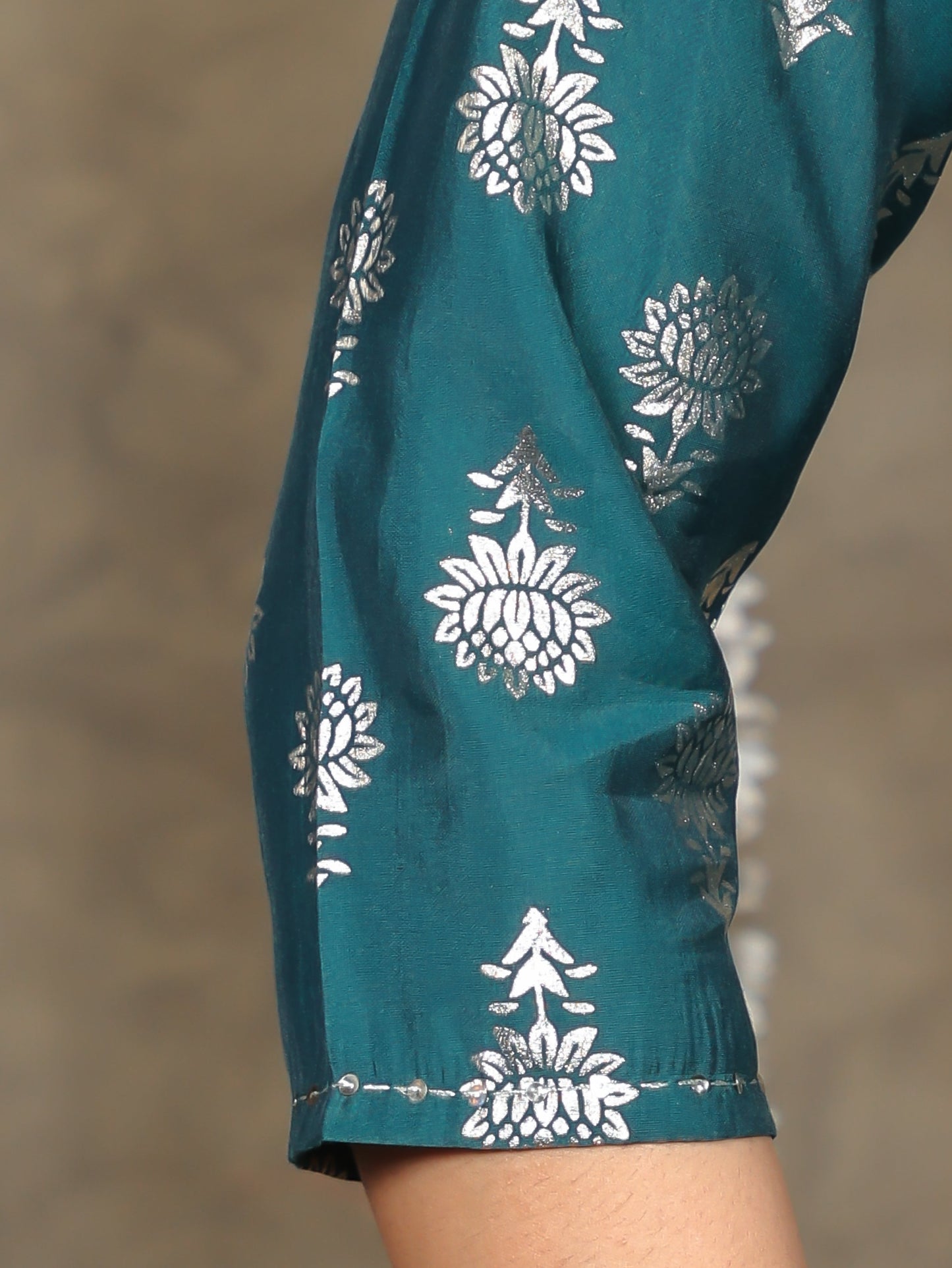 Embroidered Roman silk Gold foil Flared Teal Kurta