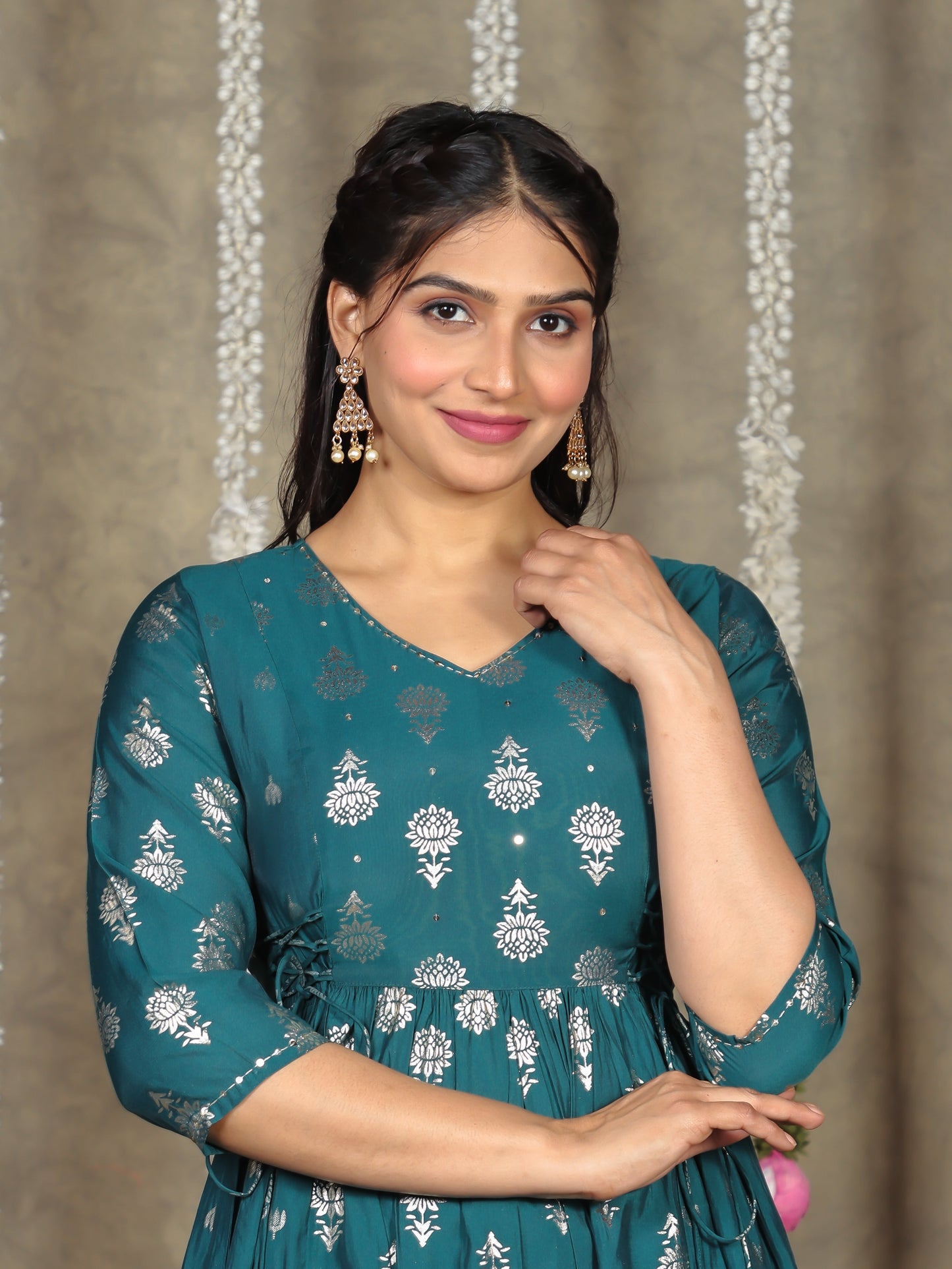 Embroidered Roman silk Gold foil Flared Teal Kurta