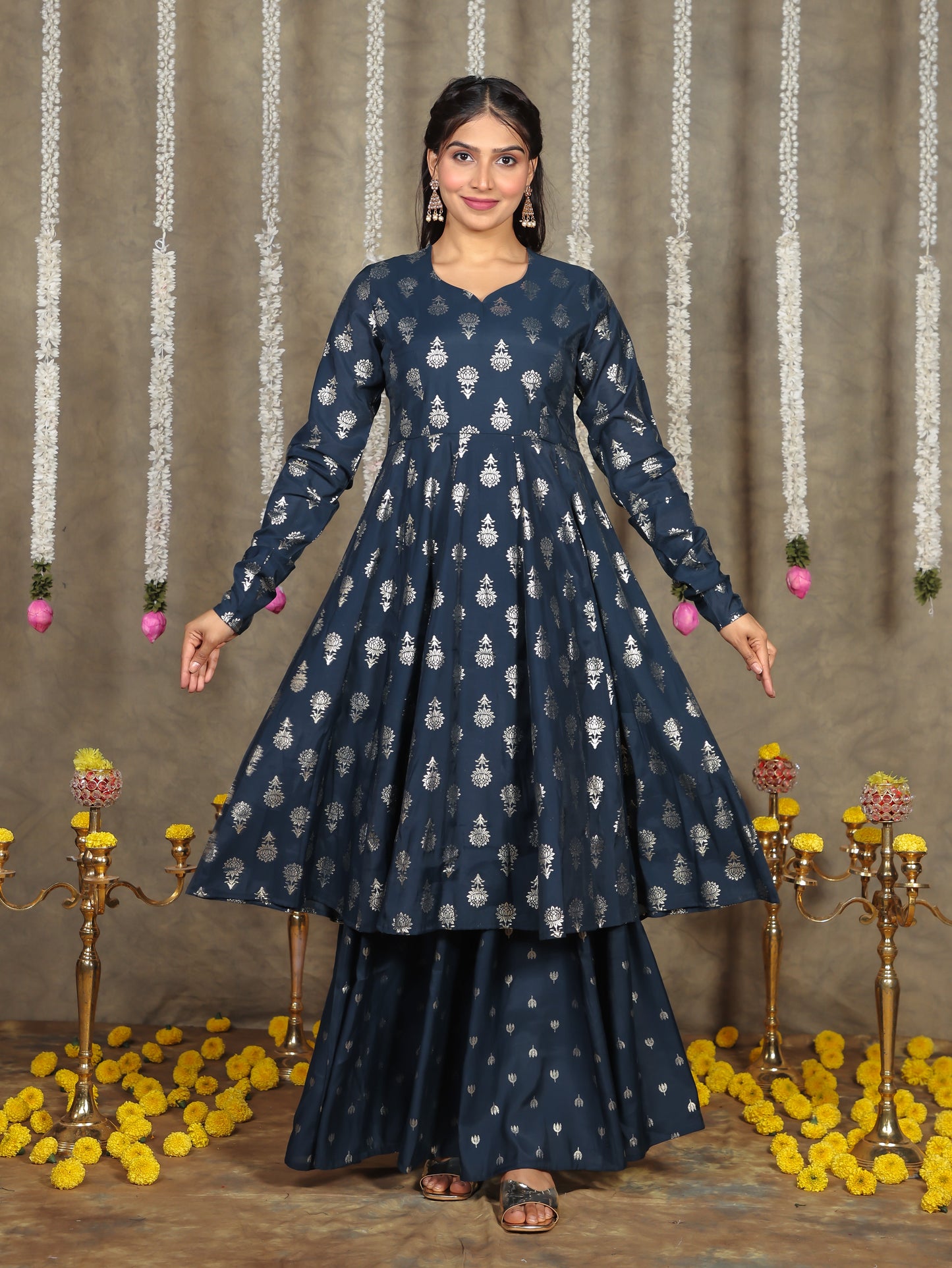 Chanderi Gold foil Anarkali Blue Kurta