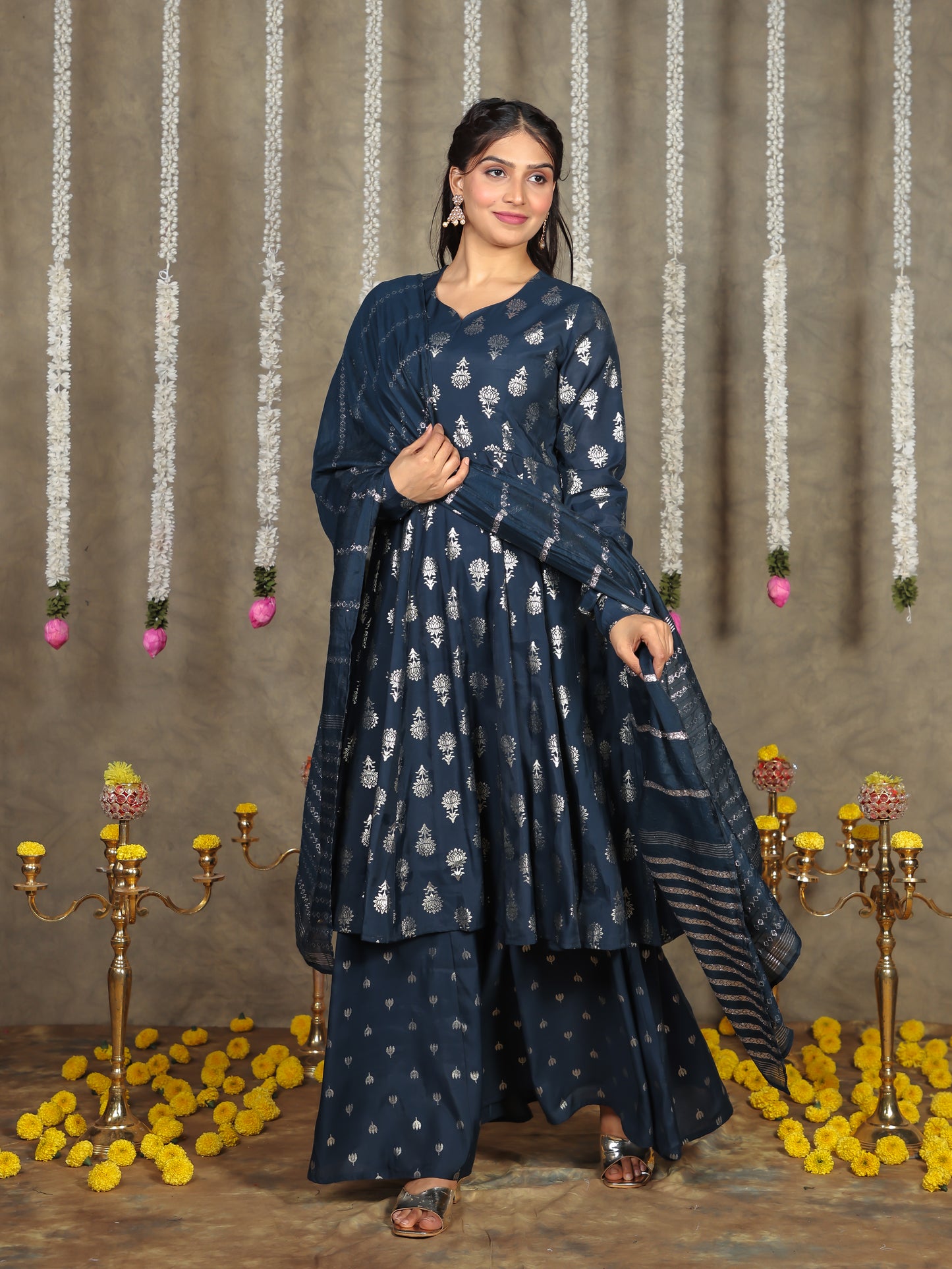Chanderi Gold foil Anarkali Blue Kurta