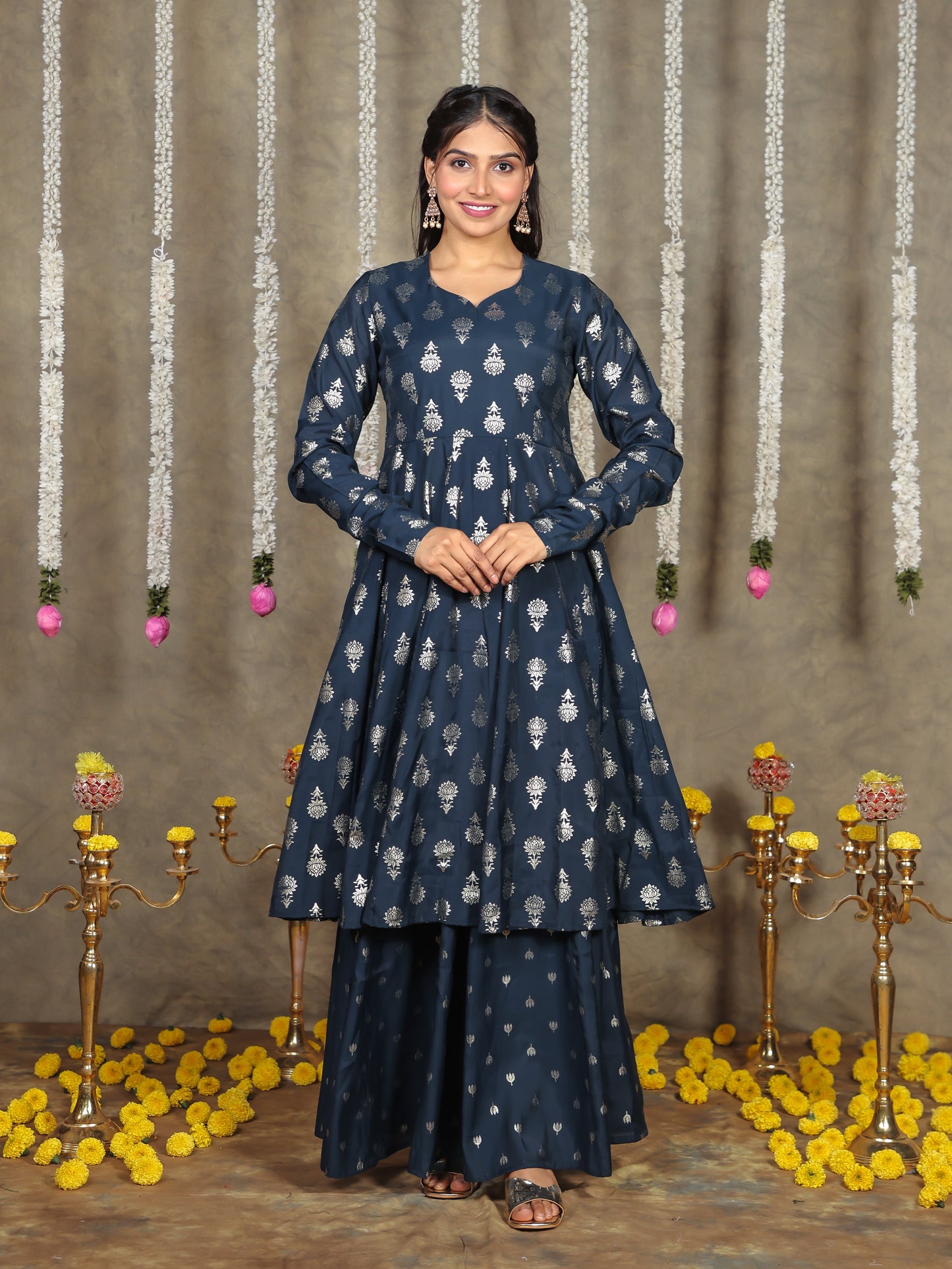 Chanderi Gold foil Anarkali Blue Kurta