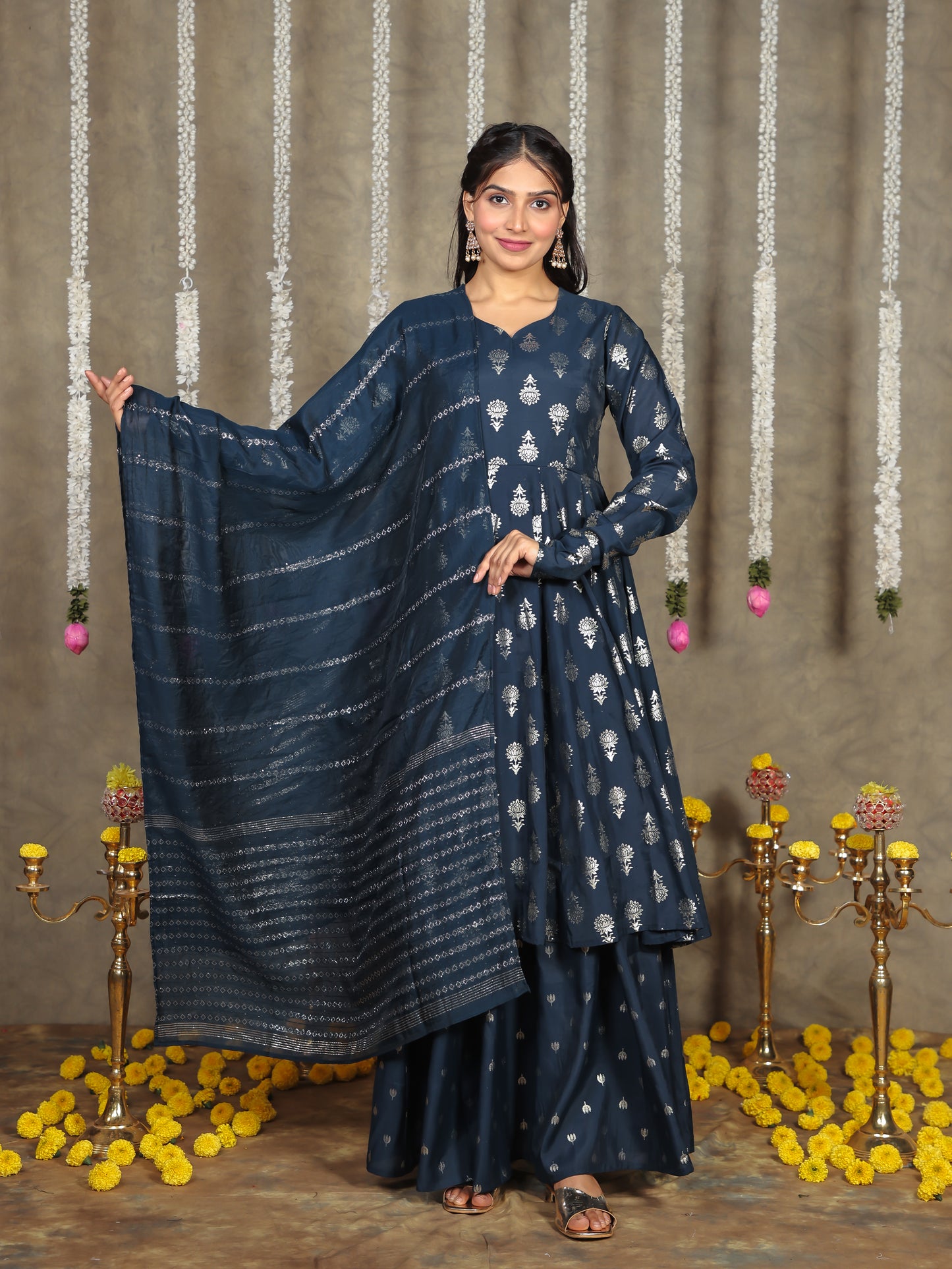 Chanderi Gold foil Anarkali Blue Kurta