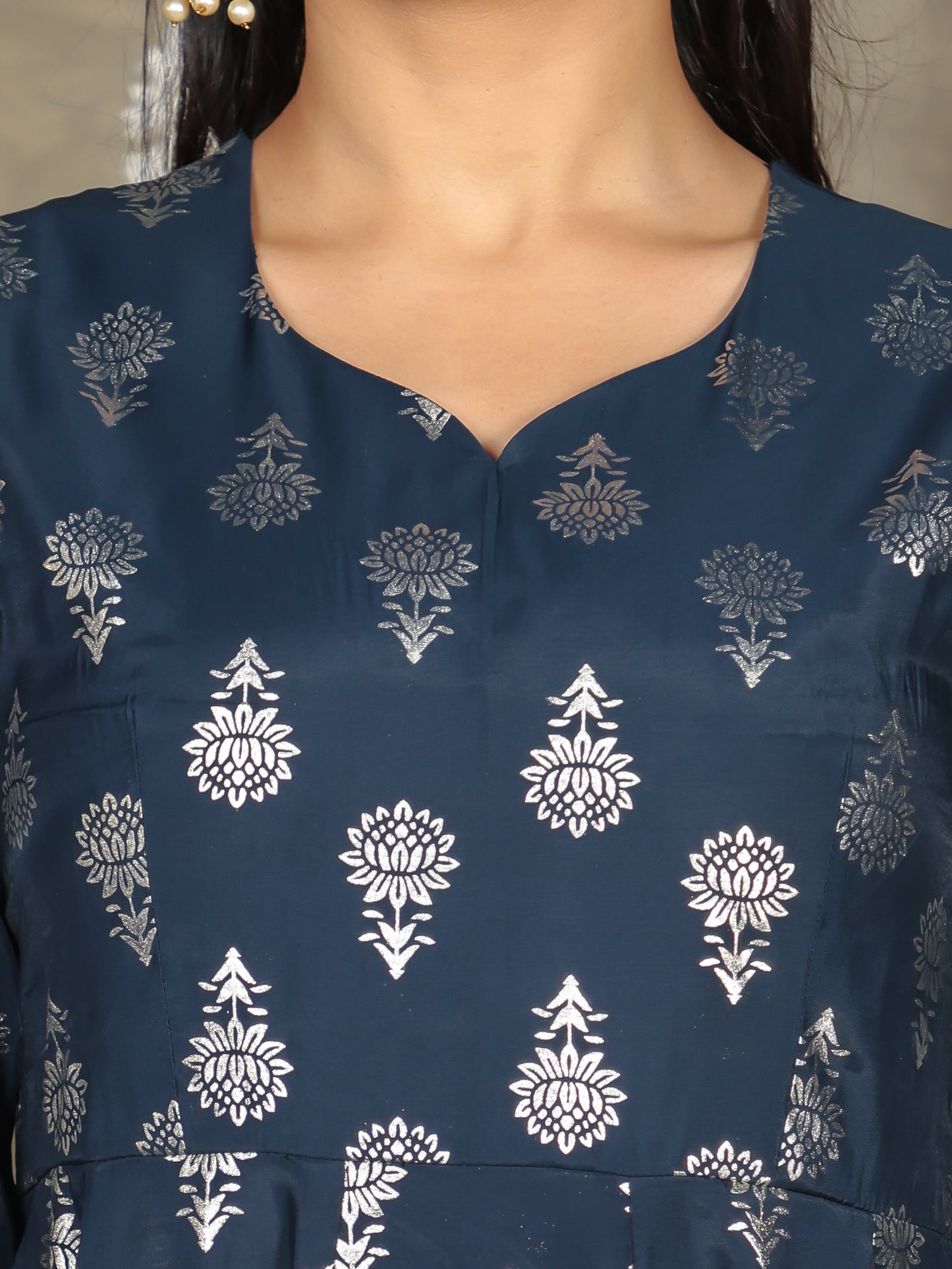 Chanderi Gold foil Anarkali Blue Kurta
