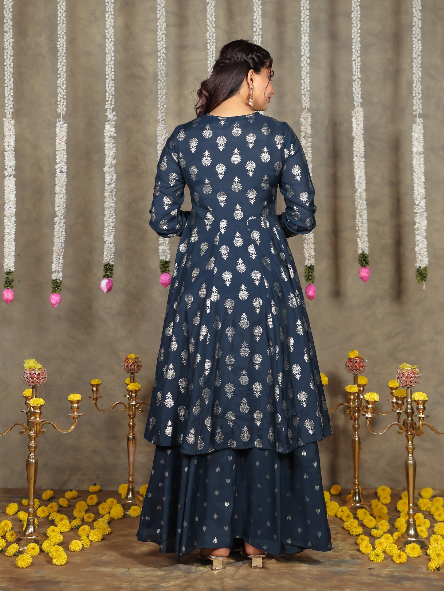 Chanderi Gold foil Anarkali Blue Kurta
