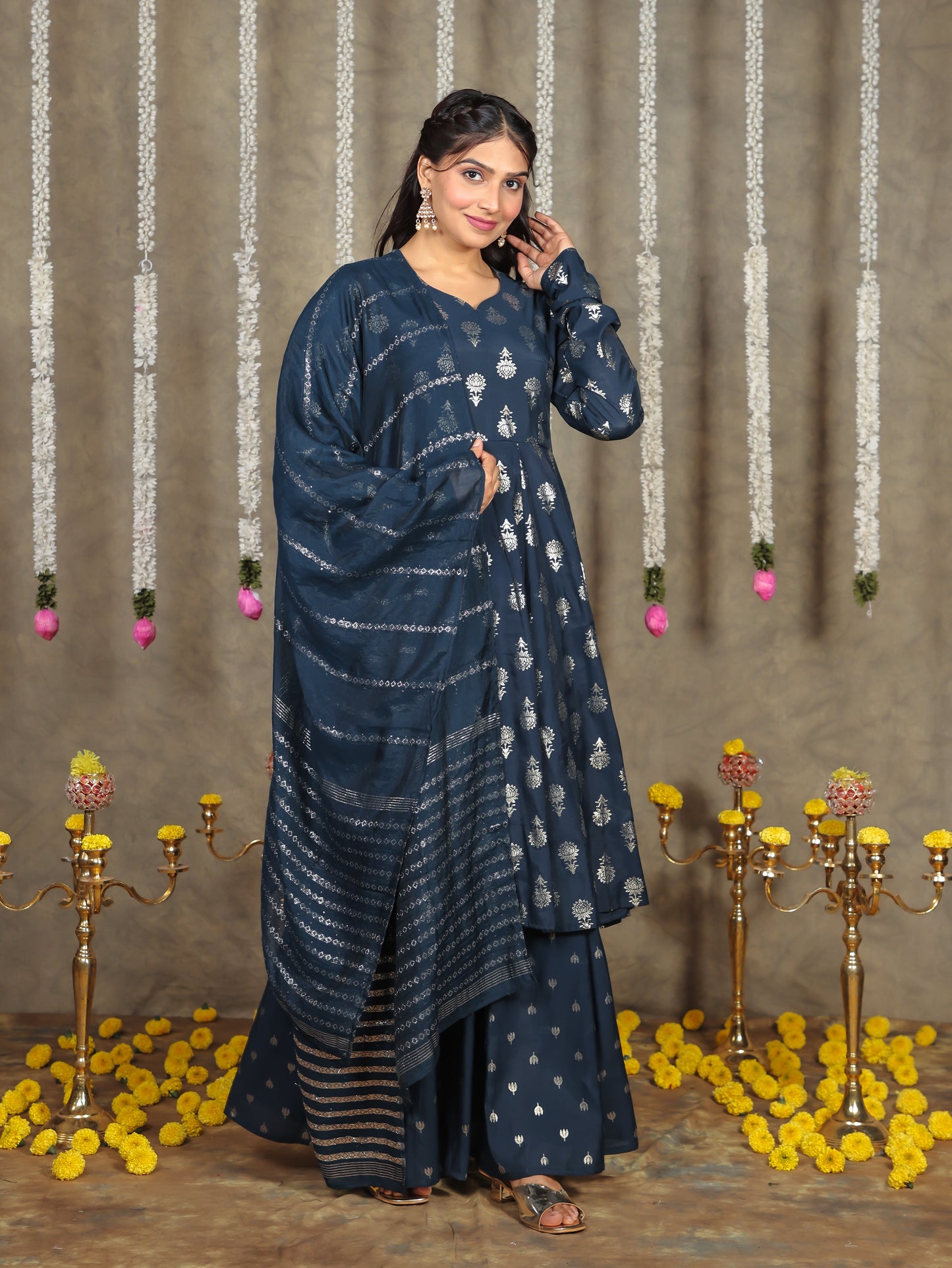 Chanderi Gold foil Anarkali Blue Kurta