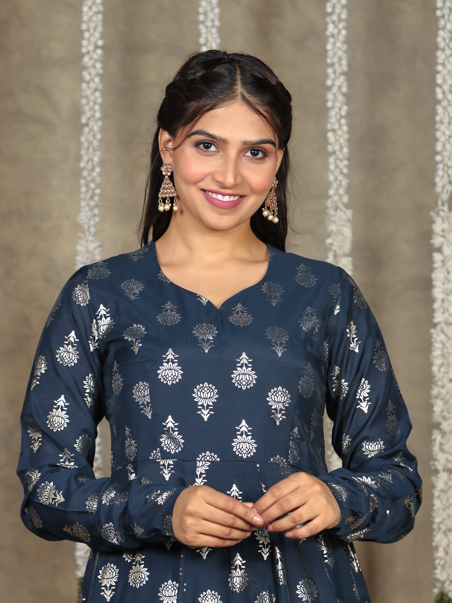 Chanderi Gold foil Anarkali Blue Kurta