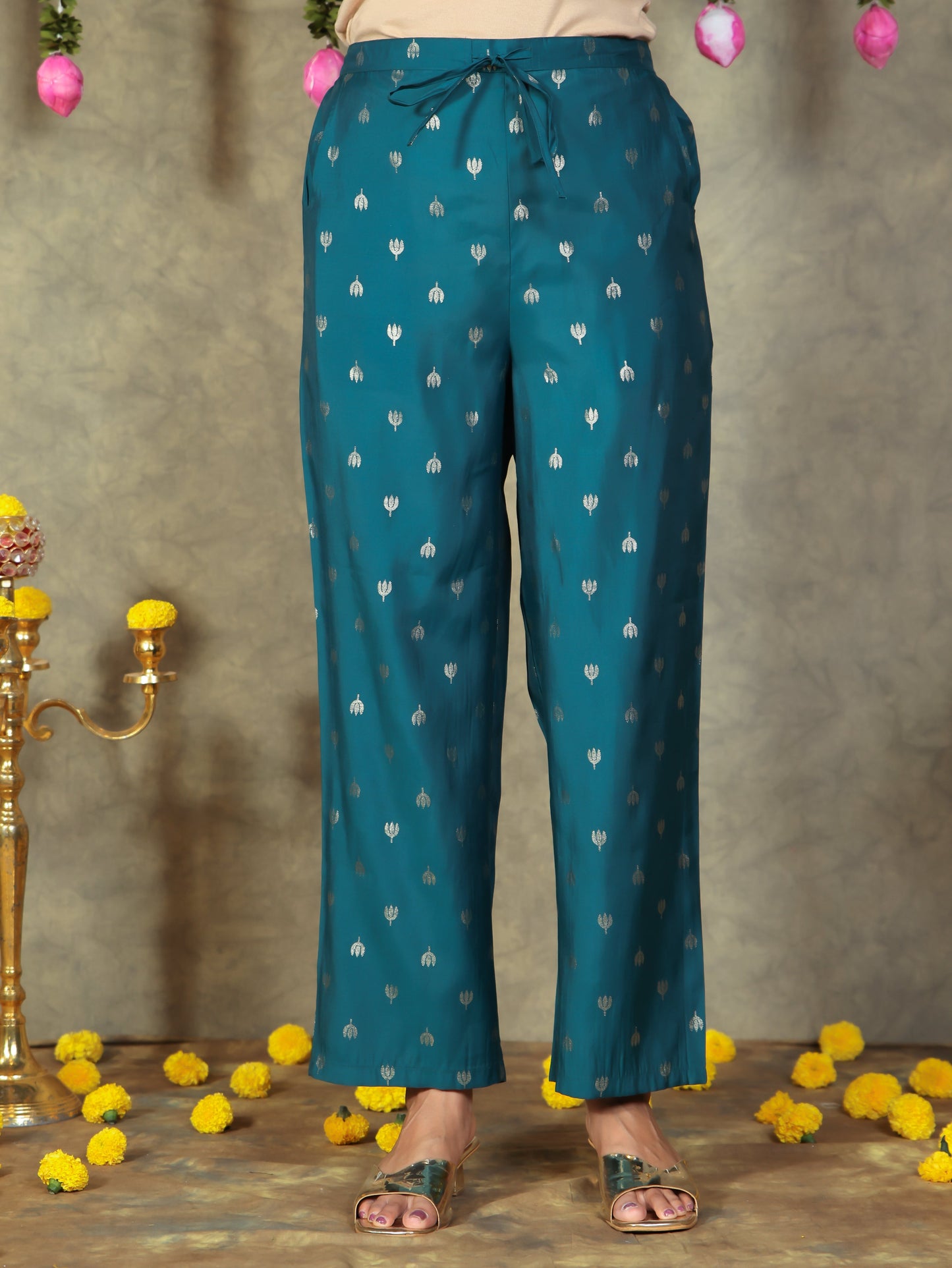 Blended Silk Gold foil Blue Straight Trousers