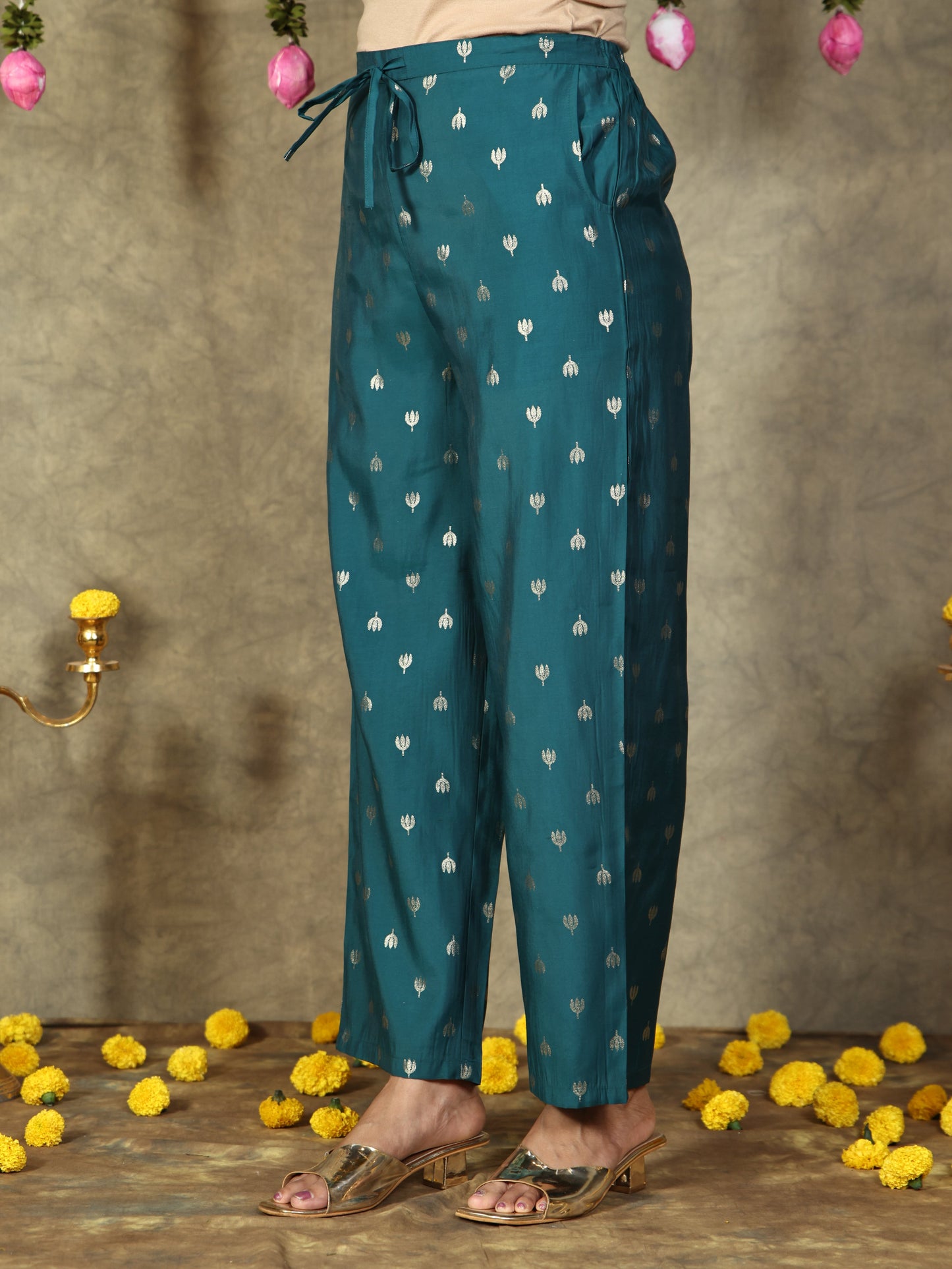 Blended Silk Gold foil Blue Straight Trousers