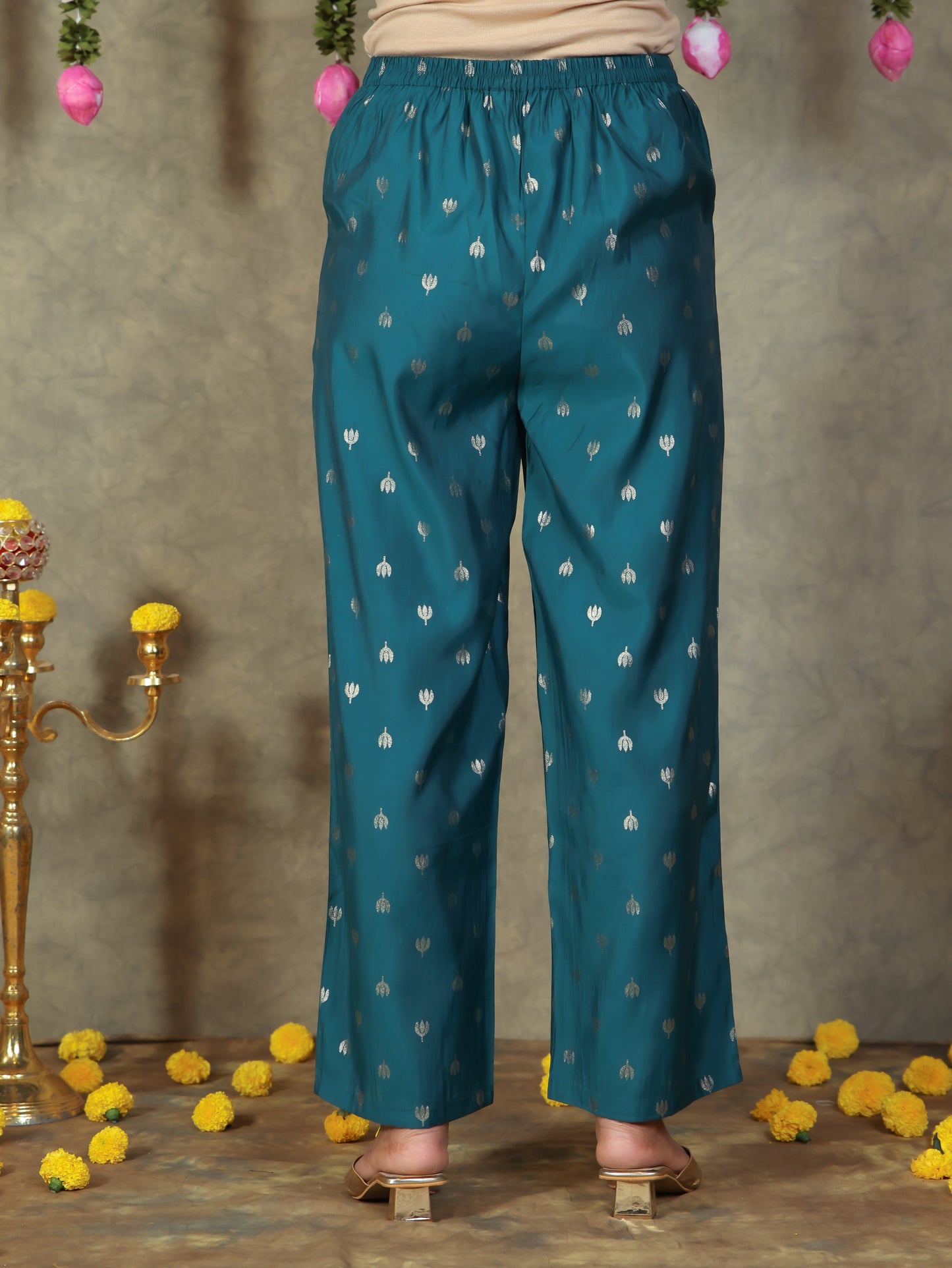 Blended Silk Gold foil Blue Straight Trousers