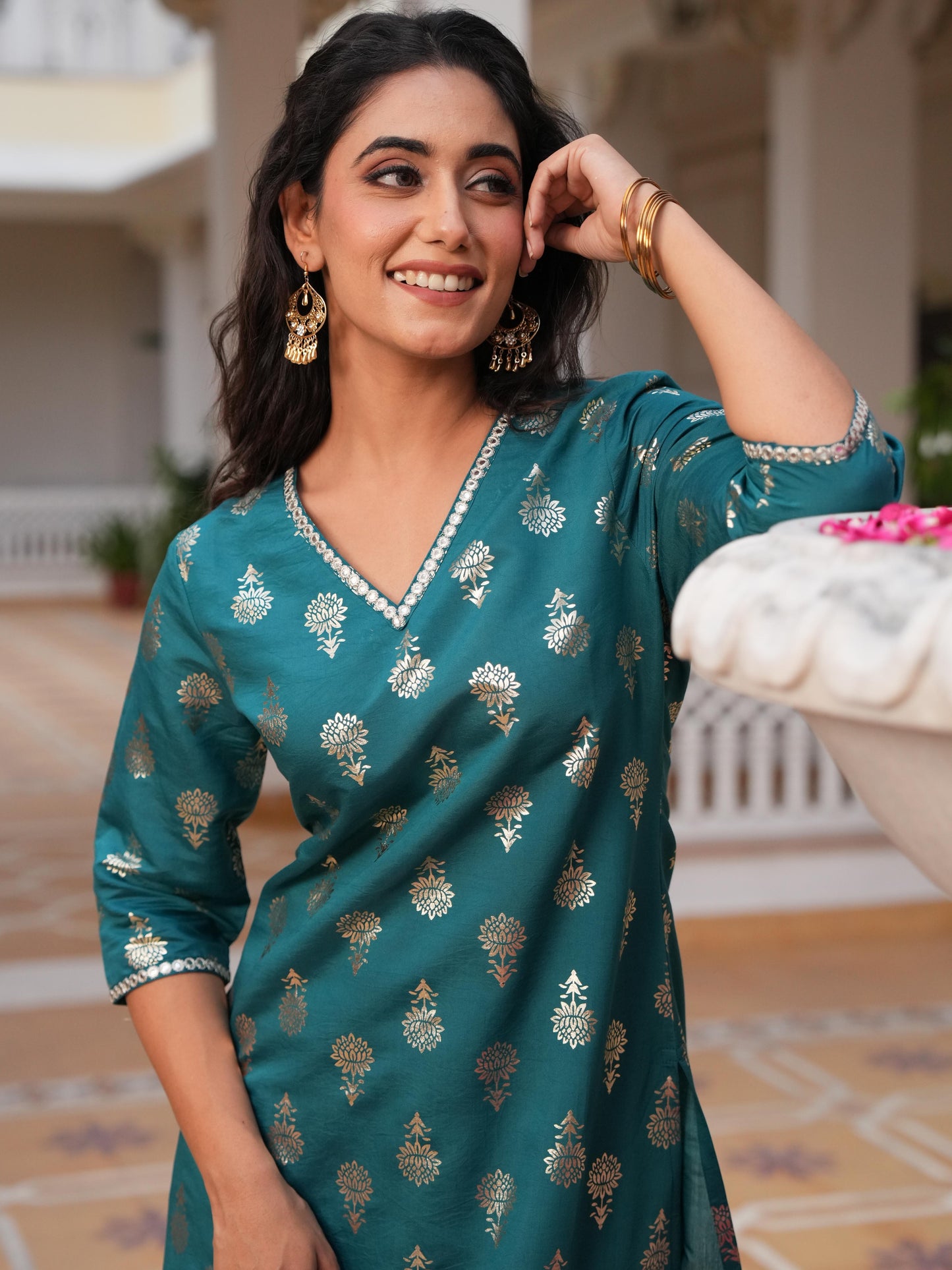 Embroidered Blended Silk Gold foil Straight Blue Kurta