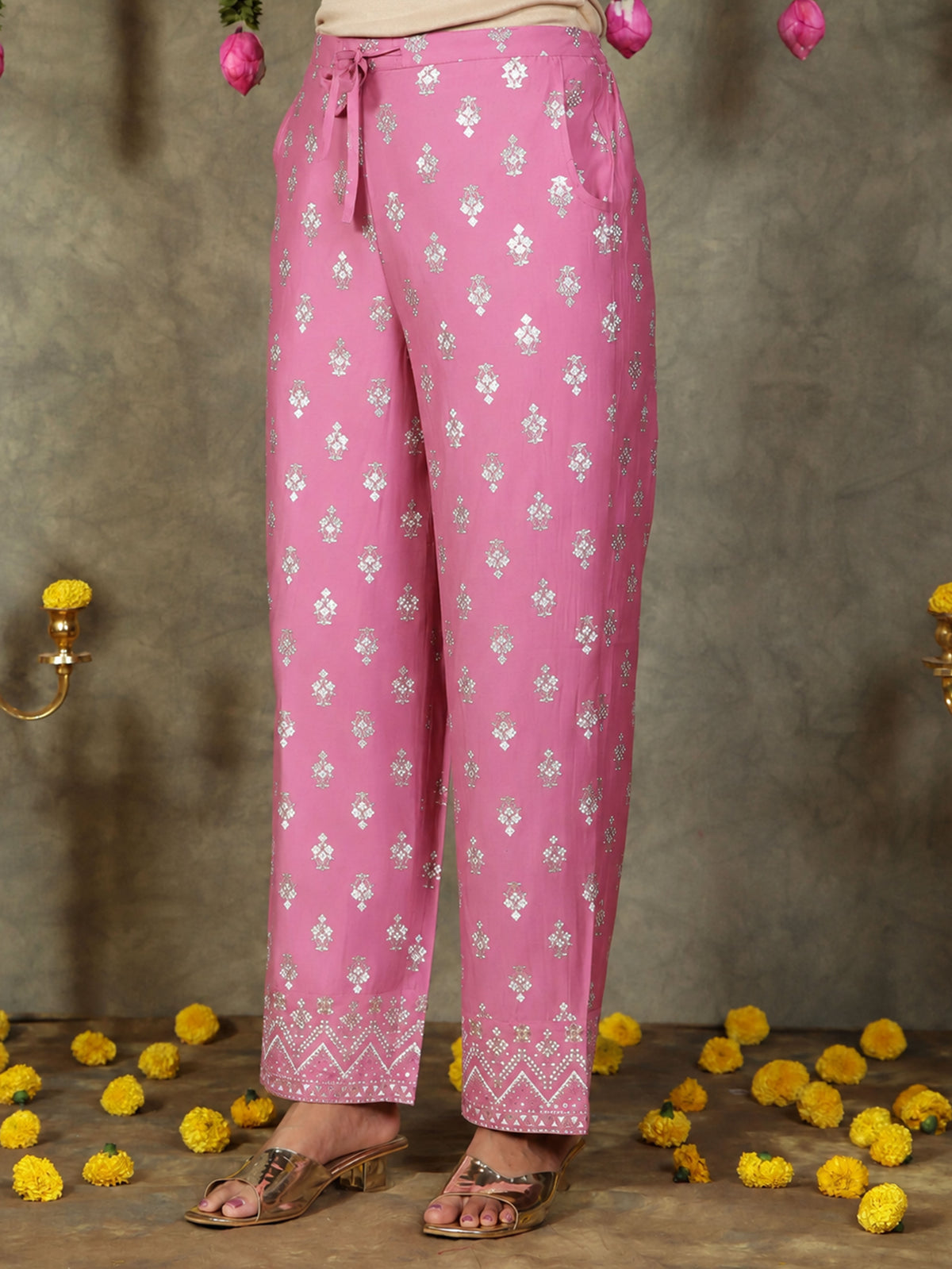 Chanderi Gold foil Pink Straight Trousers