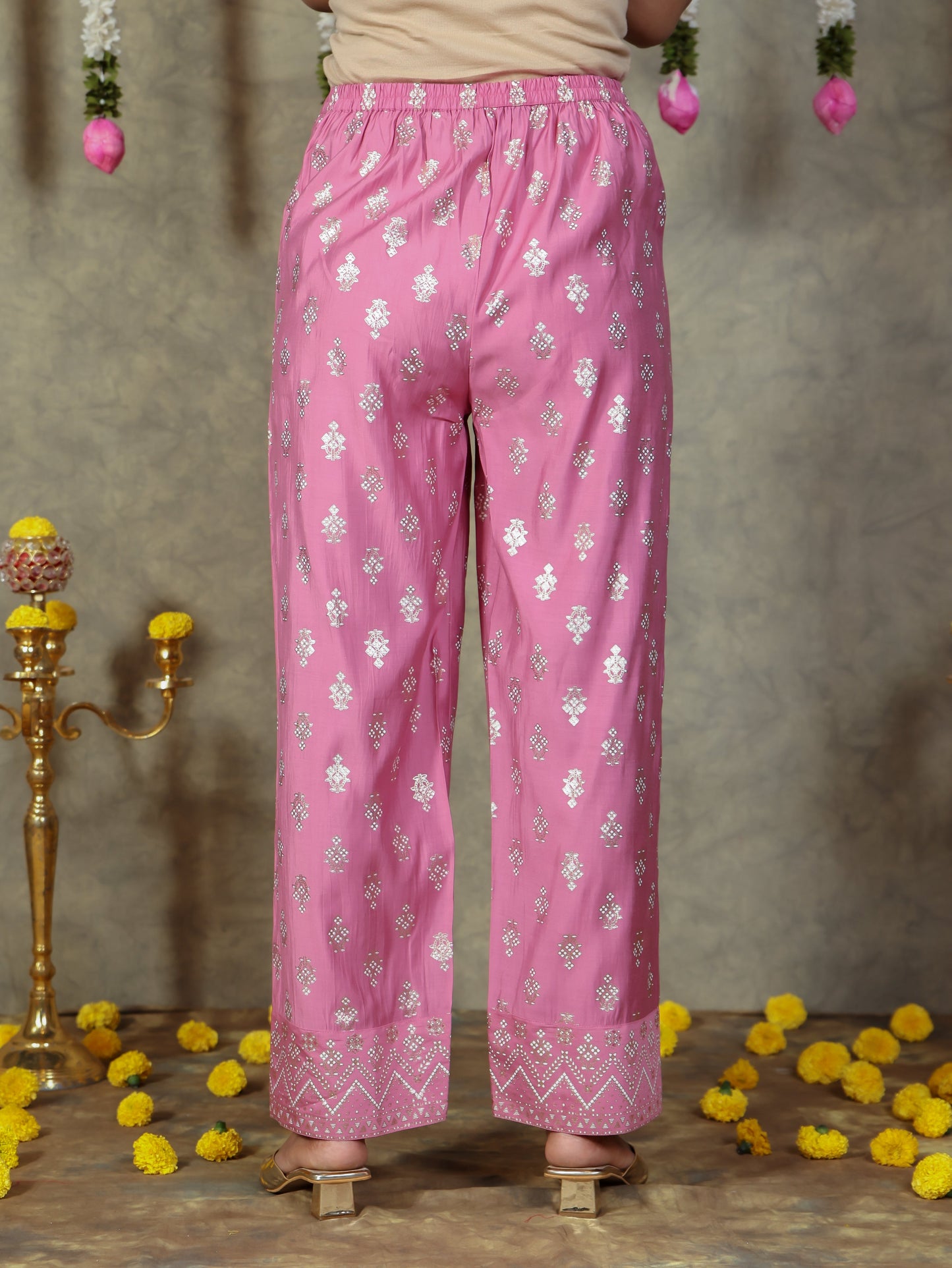 Chanderi Gold foil Pink Straight Trousers