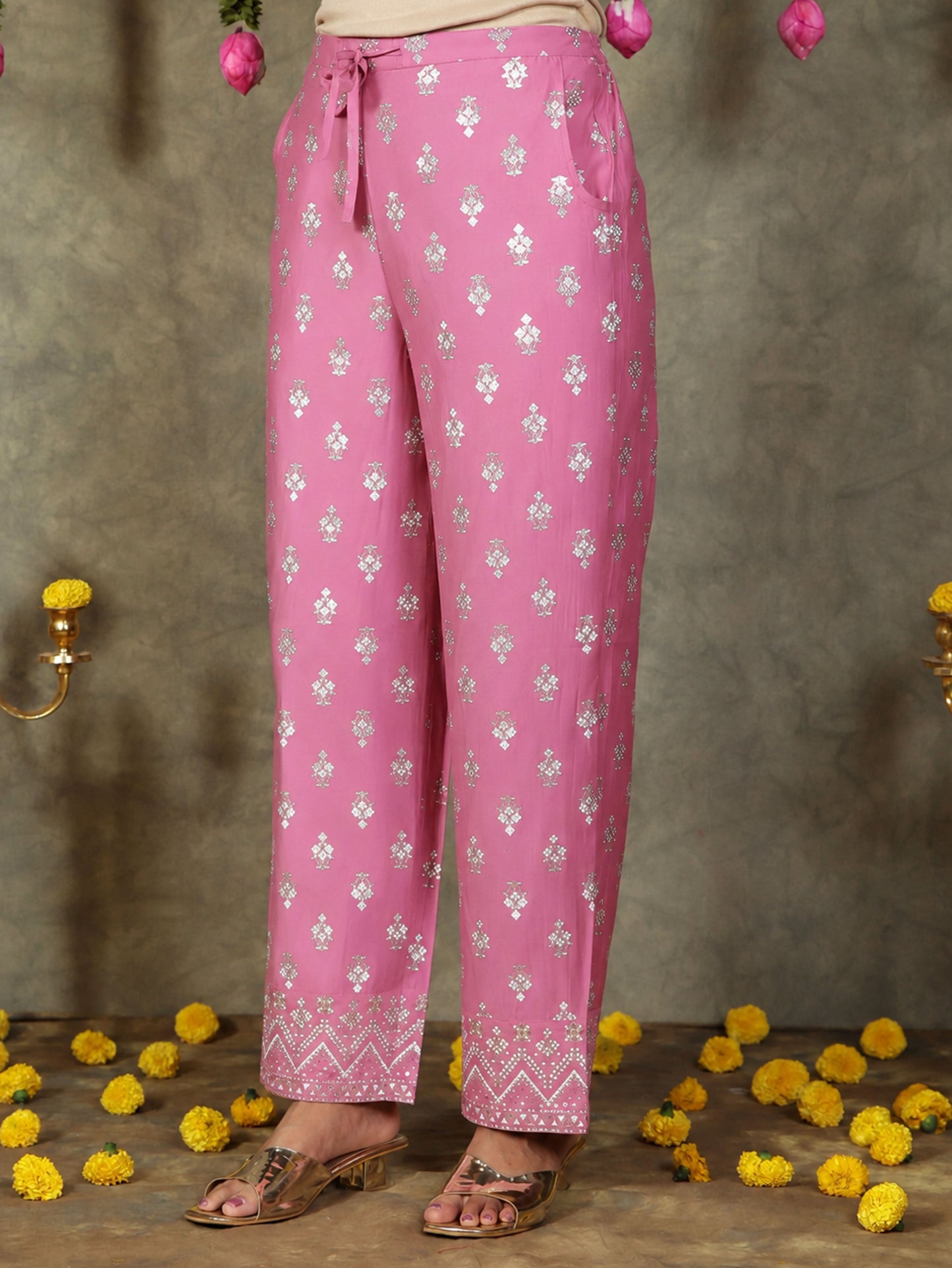 Chanderi Gold foil Anarkali Pink Kurta