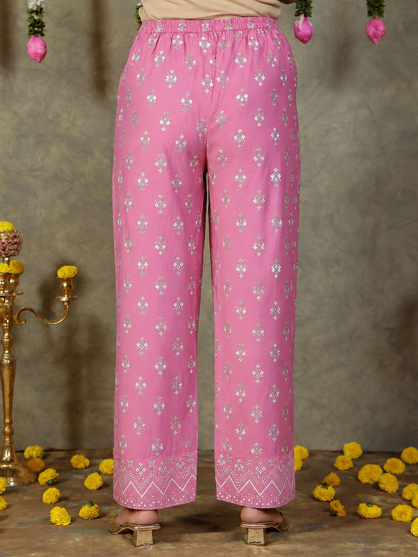 Chanderi Gold foil Pink Straight Trousers