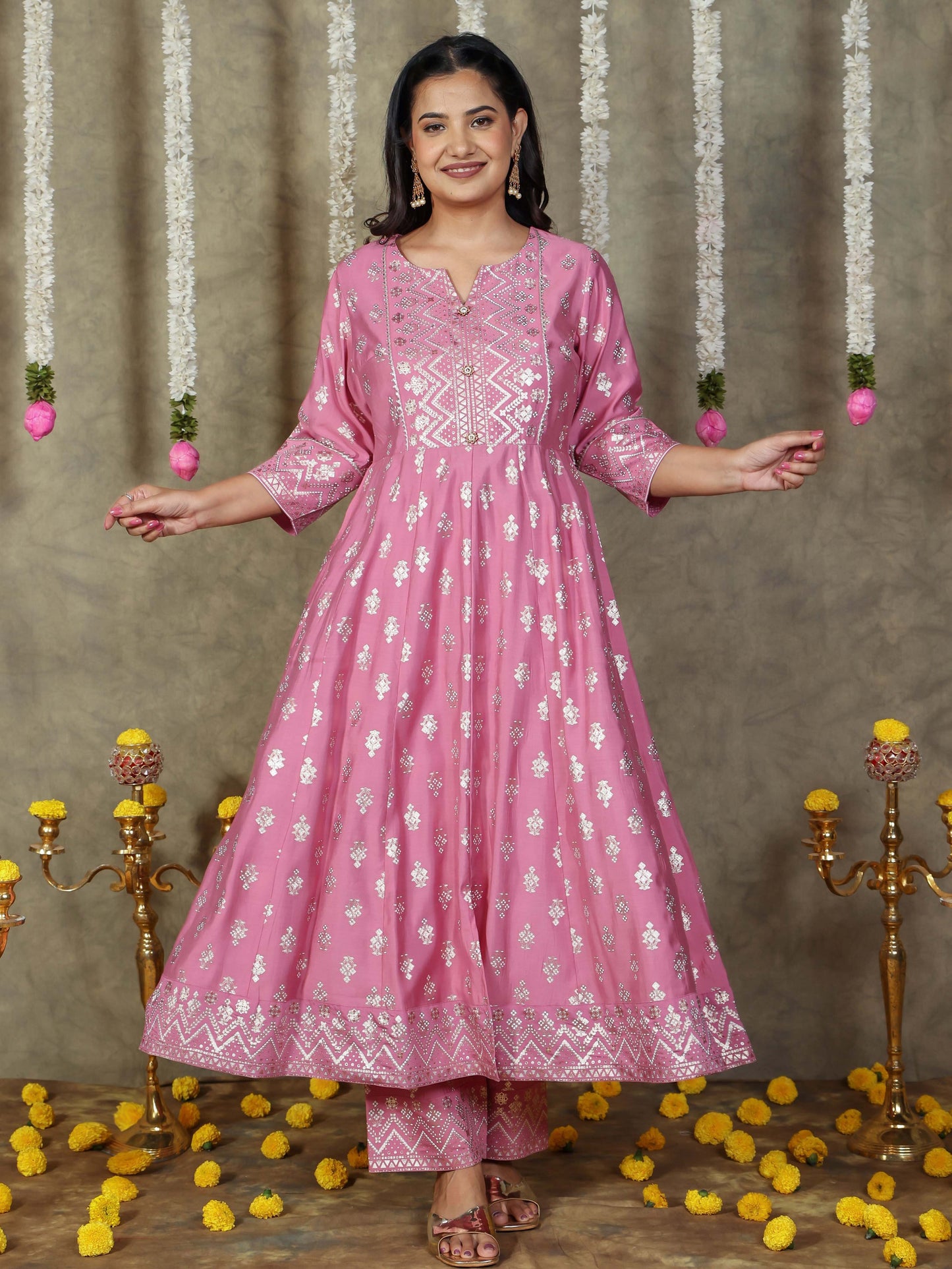 Chanderi Gold foil Anarkali Pink Kurta