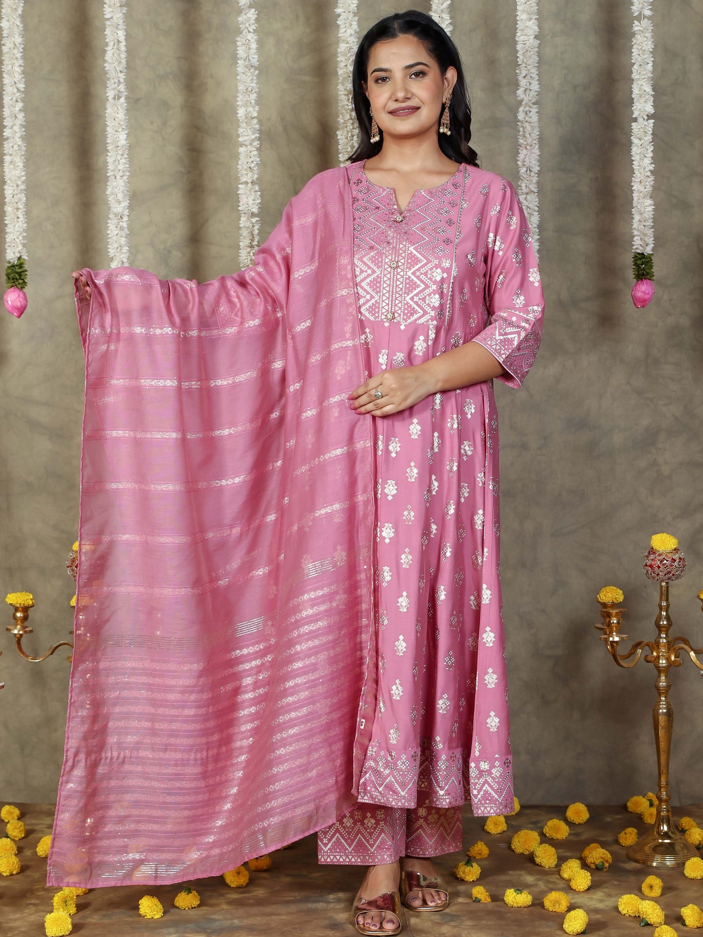 Chanderi Gold foil Anarkali Pink Kurta