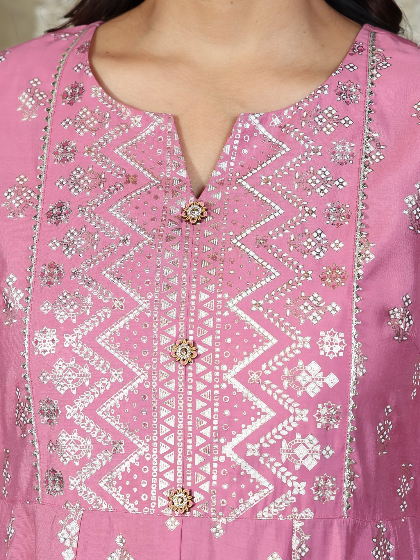 Chanderi Gold foil Anarkali Pink Kurta