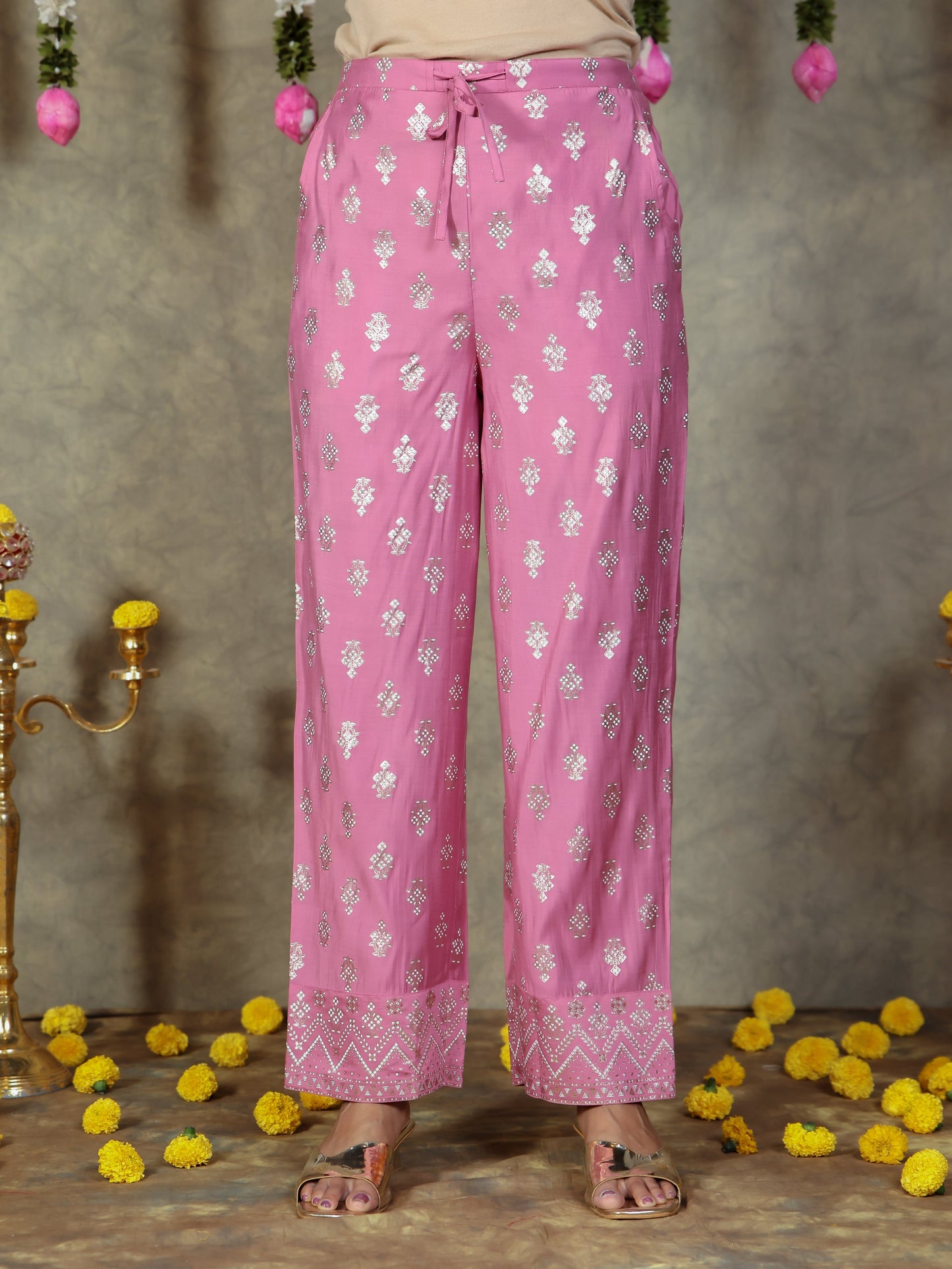 Chanderi Gold foil Anarkali Pink Kurta