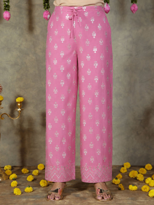 Chanderi Gold foil Pink Straight Trousers