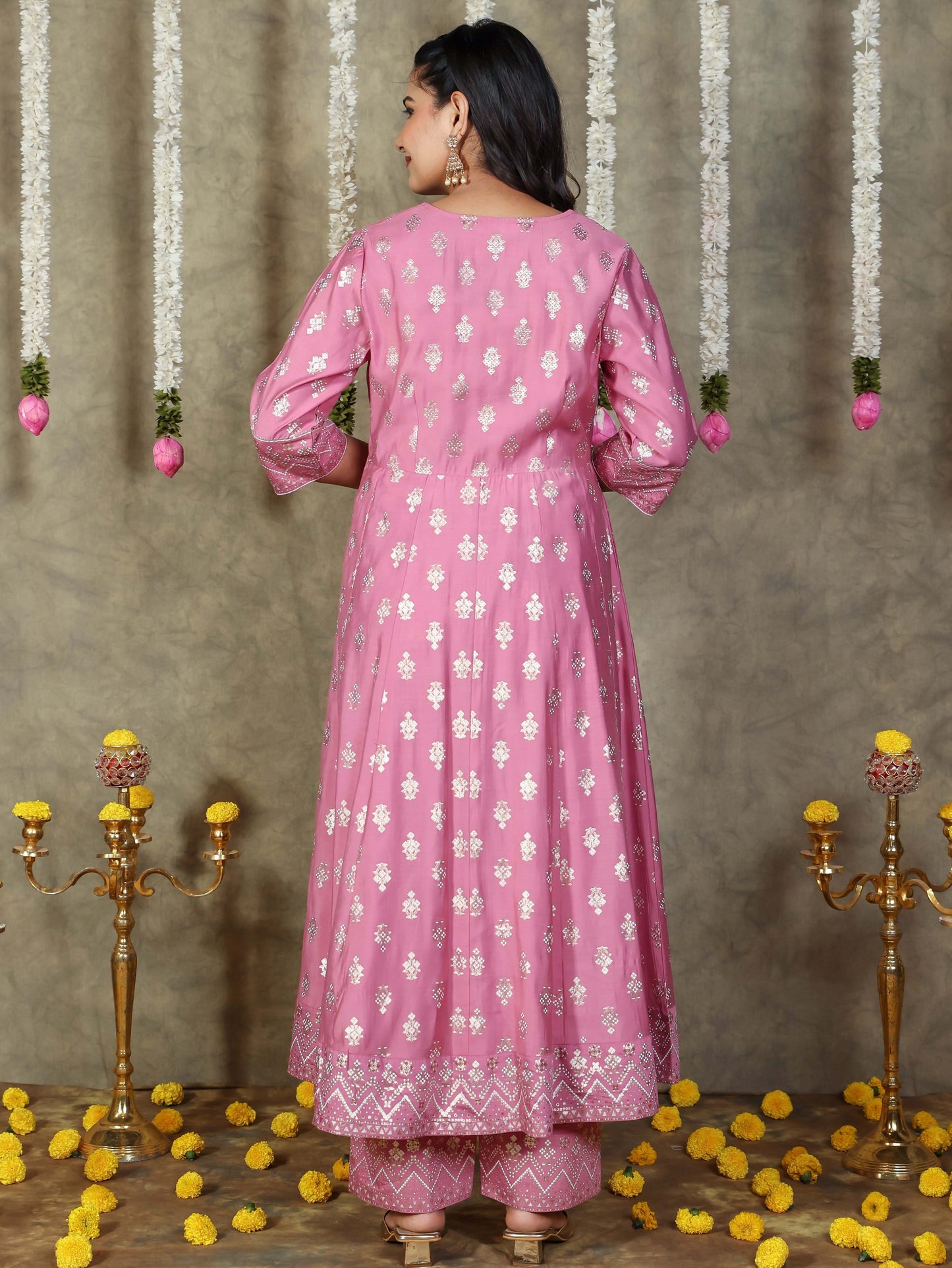 Chanderi Gold foil Anarkali Pink Kurta
