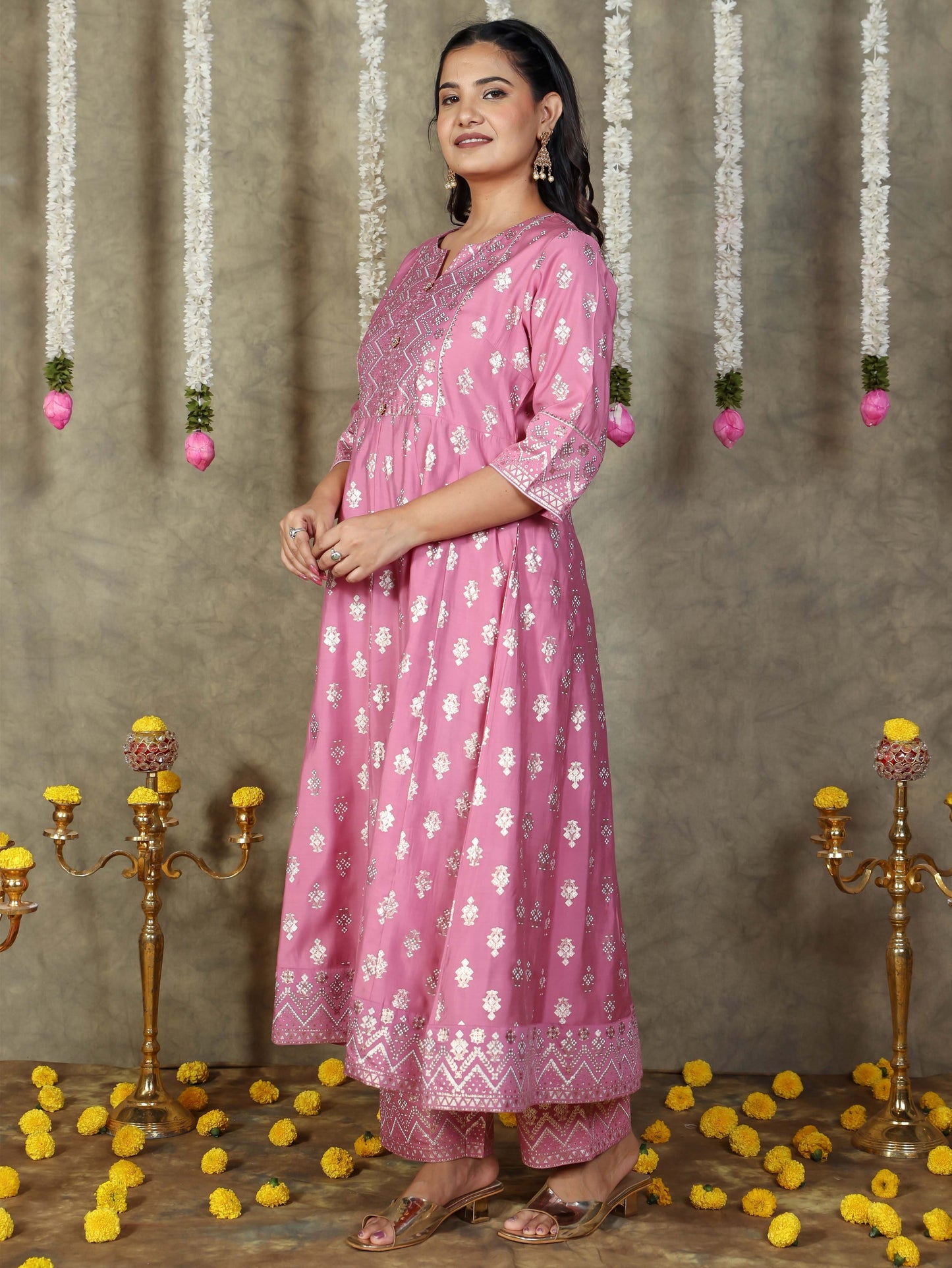 Chanderi Gold foil Anarkali Pink Kurta