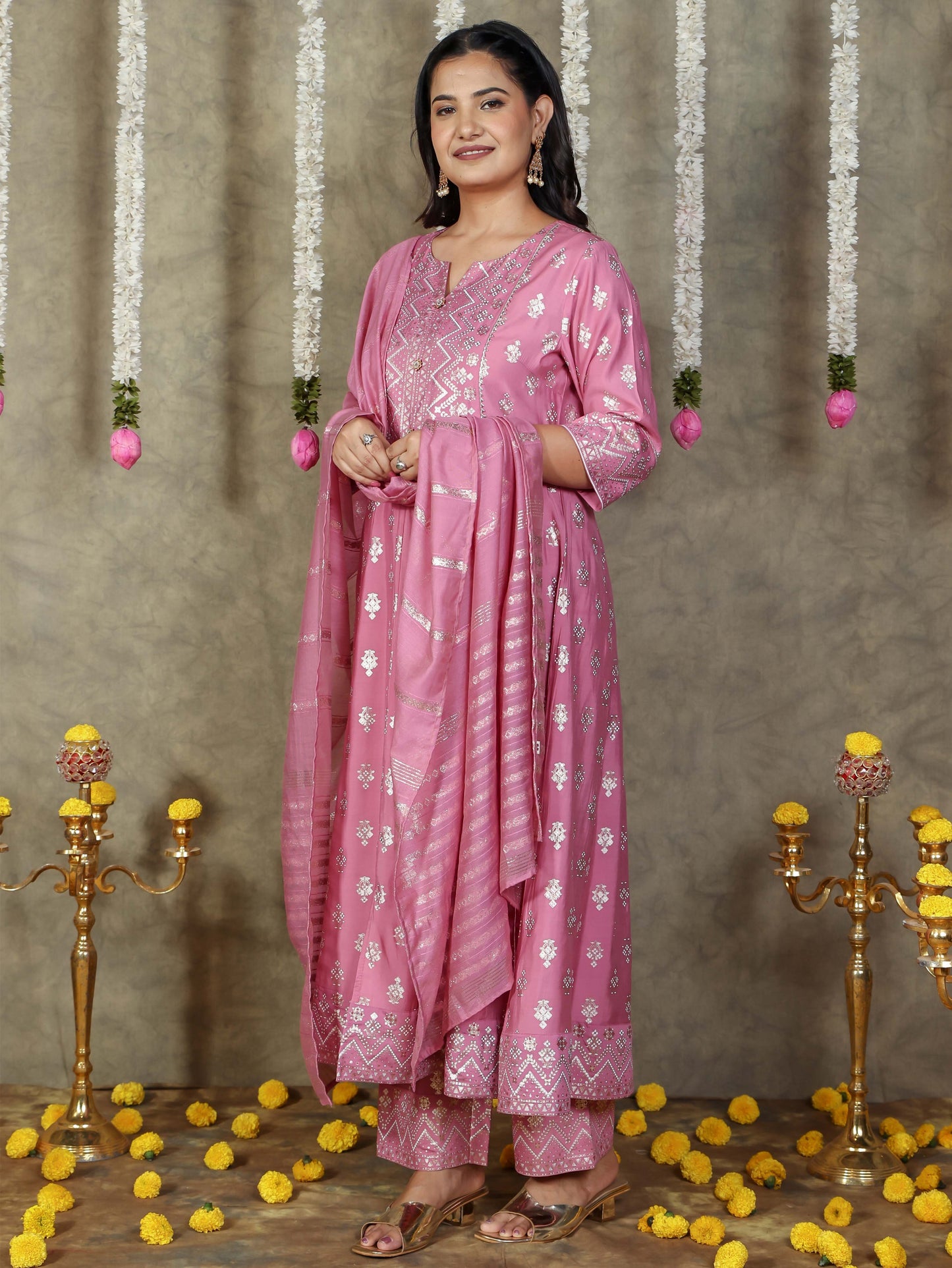 Chanderi Gold foil Anarkali Pink Kurta