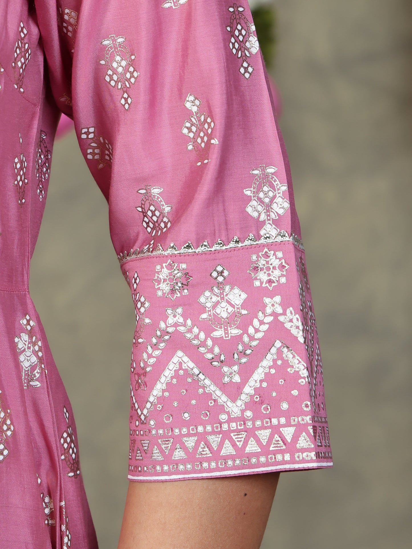 Chanderi Gold foil Anarkali Pink Kurta