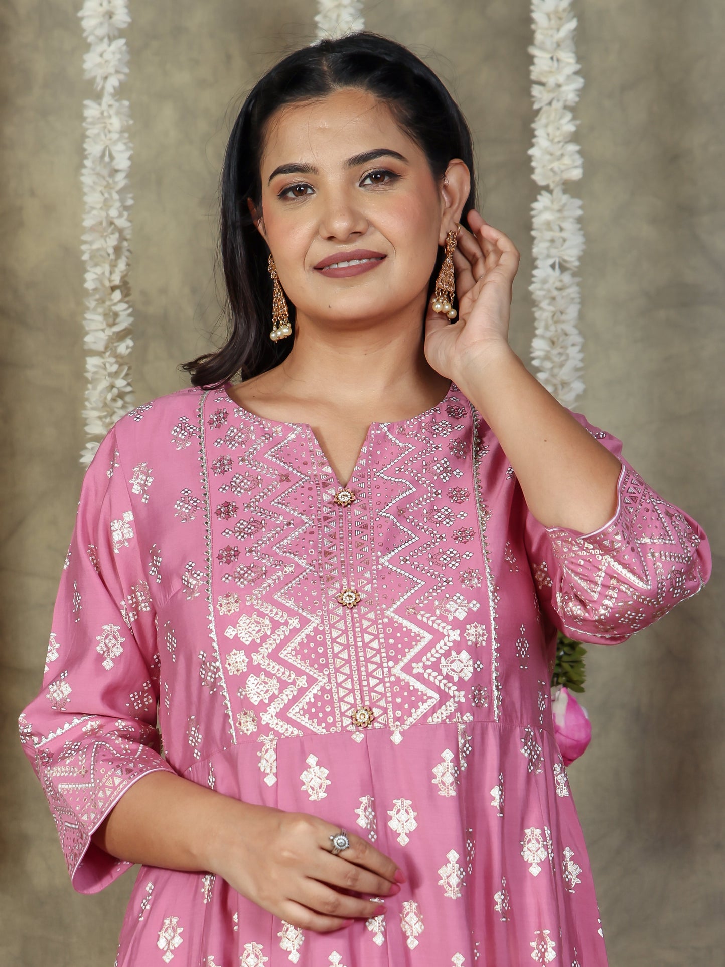 Chanderi Gold foil Anarkali Pink Kurta