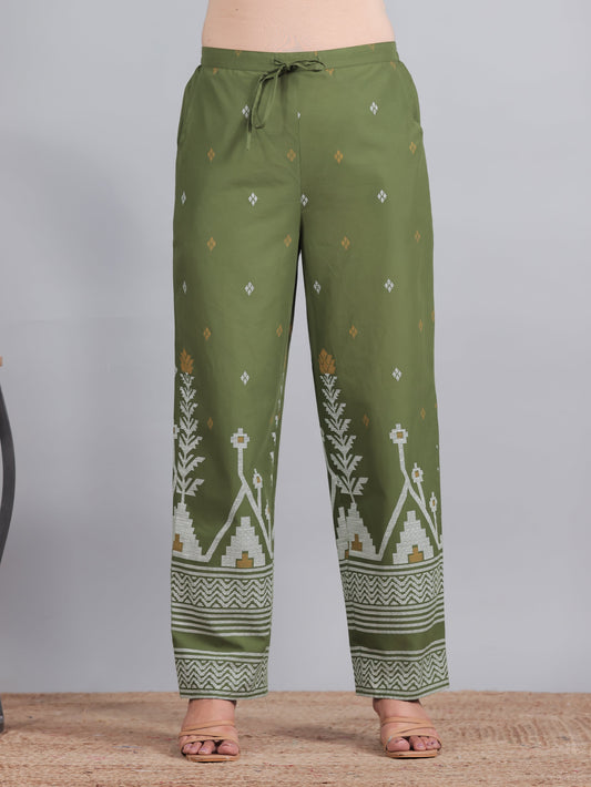 Soft Cotton Geometric Green Straight Trousers
